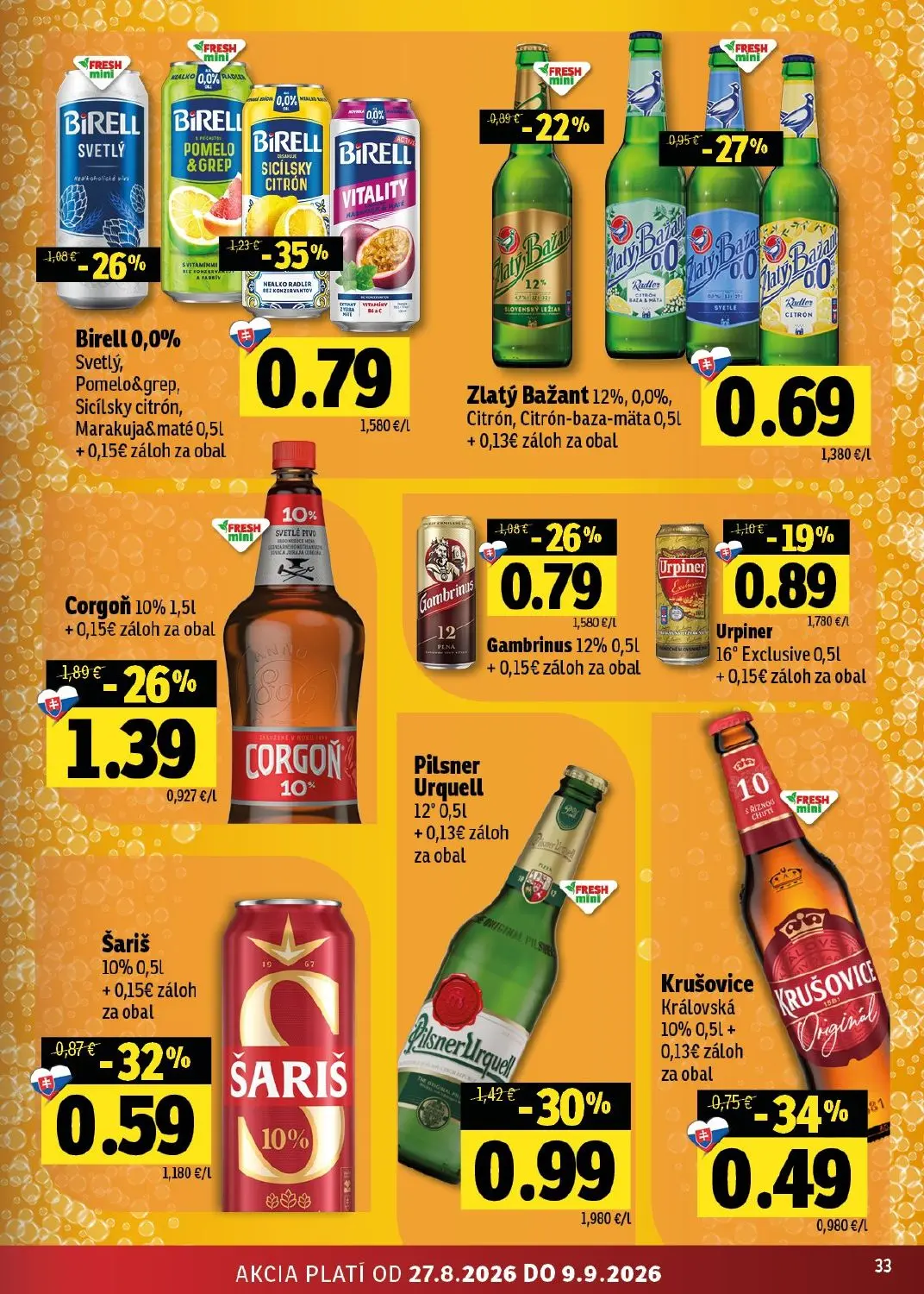 Fresh - západ leták, strana 33 z 46 — Corgoň 10%, Pilsner Urquell 12°, Birell 0,0% Svetlý, Pomelo&grep, Sicílsky citrón, Mar…