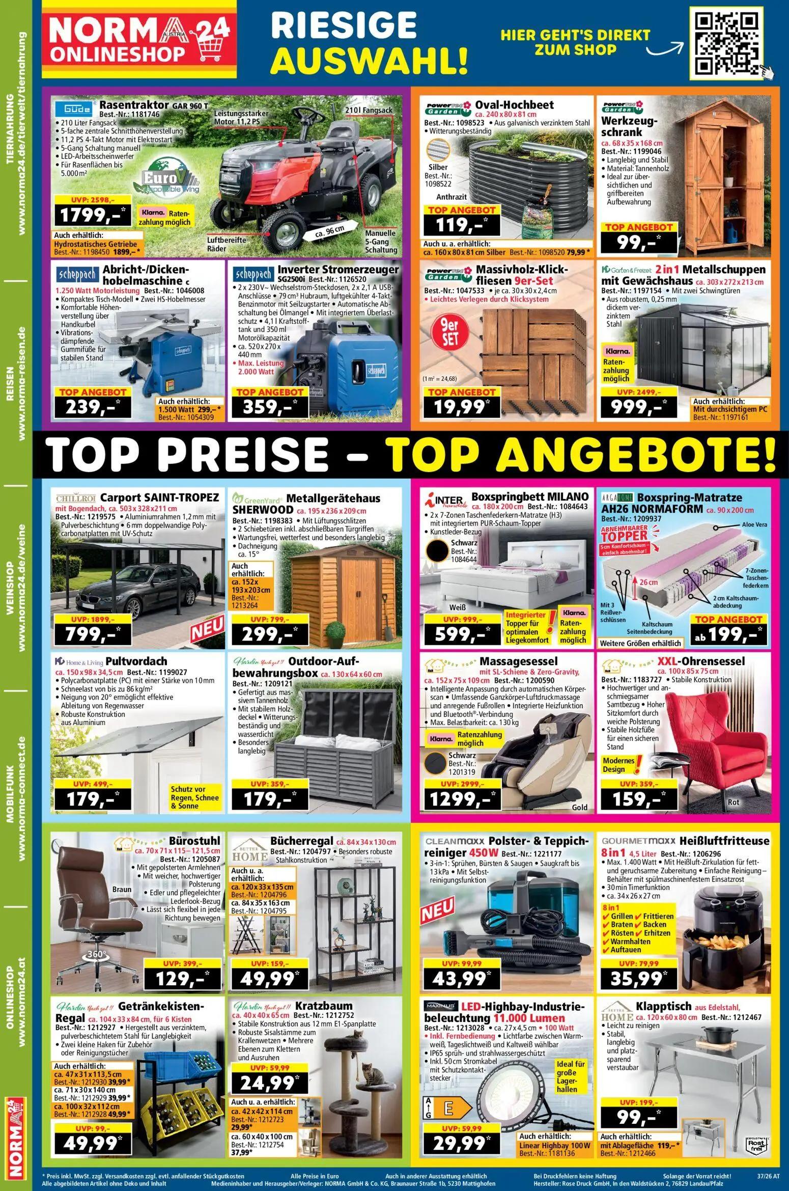 Norma Prospekt, Seite 2 von 2 — Massagesessel mit SL-Schiene & Zero-Gravity, 2 in 1 Metallschuppen mit Gewächshaus, Carport …