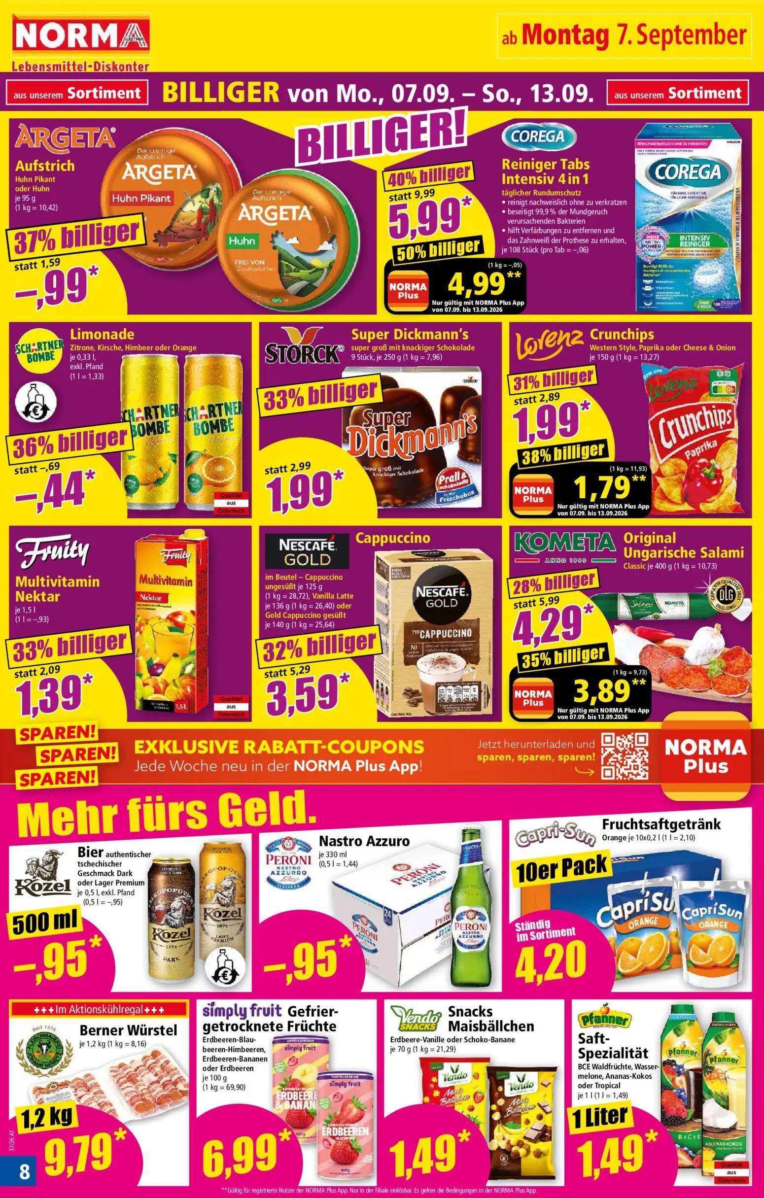 Norma Prospekt, Seite 8 von 18 — COREGA Reiniger Tabs Intensiv 4 in 1, KOMETA Original Ungarische Salami Classic, NESCAFE. G…