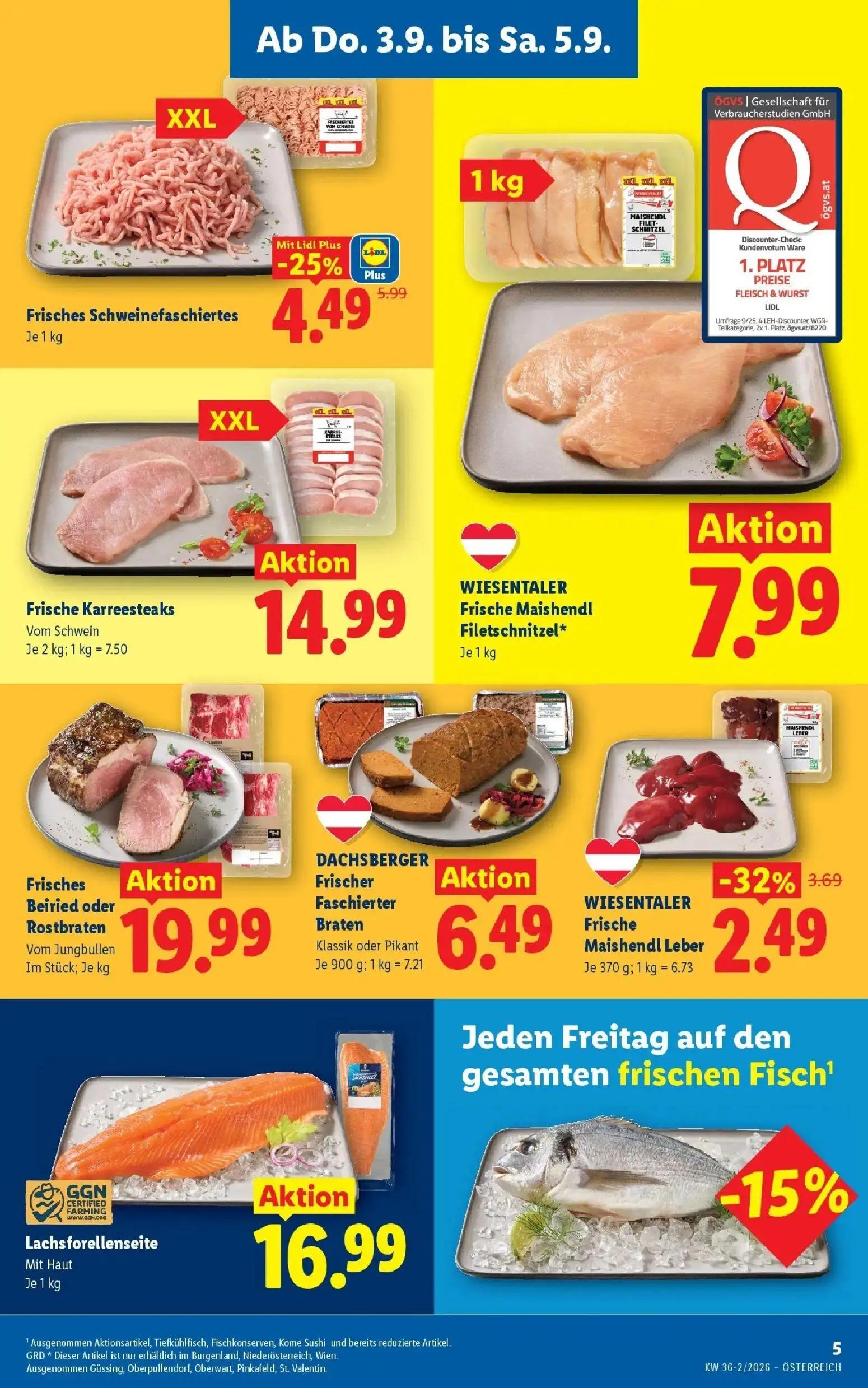 Lidl Prospekt, Seite 7 von 55 — Frisches Schweinefaschiertes, Frische Karreesteaks, WIESENTALER Frische Maishendl Filetschni…