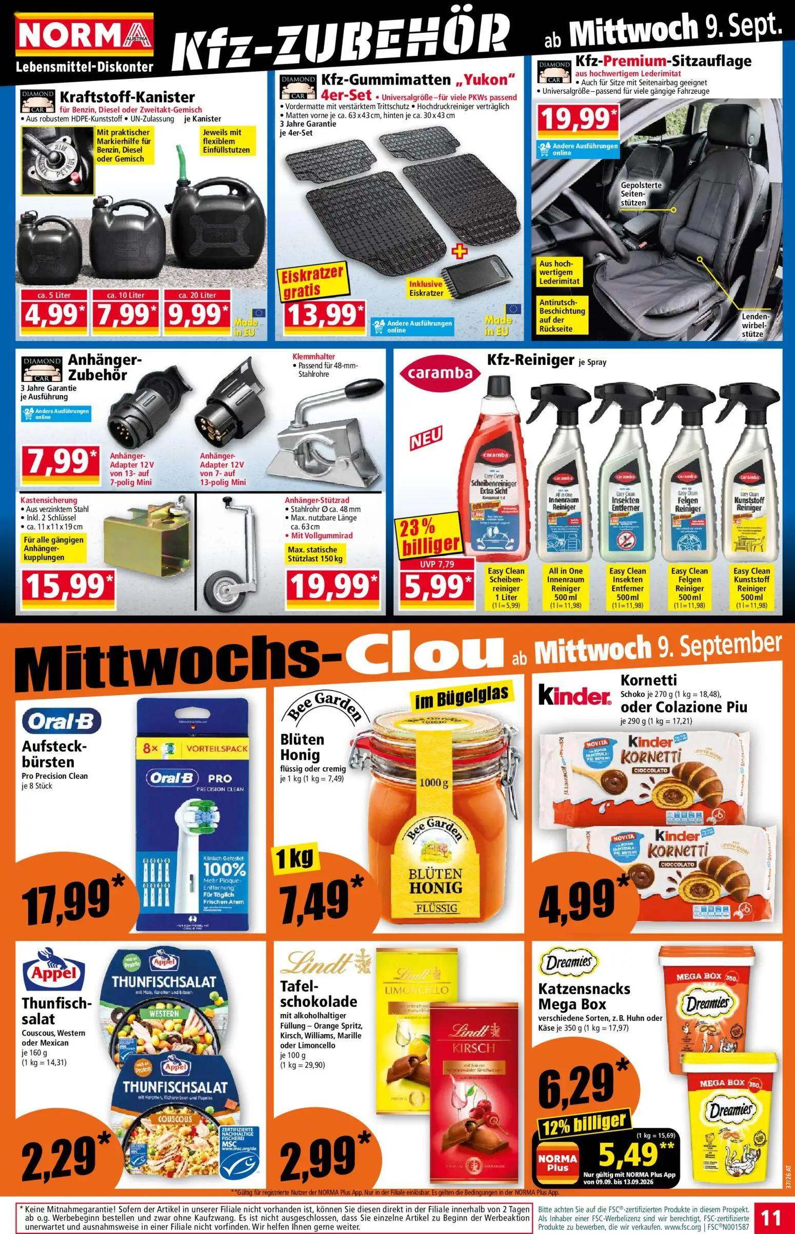 Norma Prospekt, Seite 11 von 18 — Easy Clean Scheibenreiniger 1 Liter, Dreamies Katzensnacks Mega Box, Kraftstoff-Kanister c…