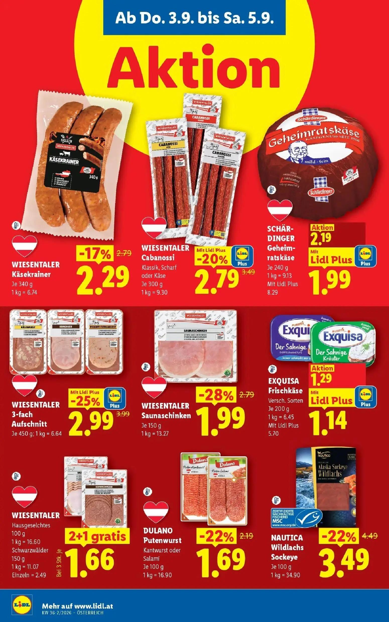 Lidl Prospekt, Seite 10 von 55 — WIESENTALER Cabanossi Klassik, Scharf oder Käse, WIESENTALER Käsekrainer