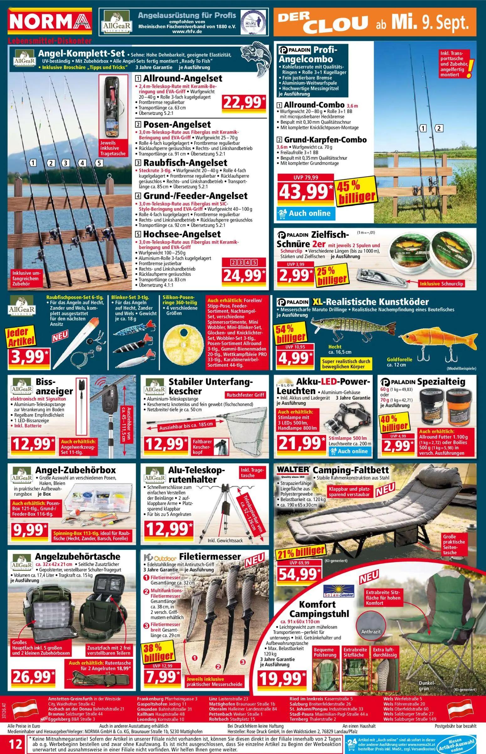 Norma Prospekt, Seite 12 von 18 — Profi-Angelcombo Allround-Combo, Profi-Angelcombo Grund-Karpfen-Combo, Camping-Faltbett