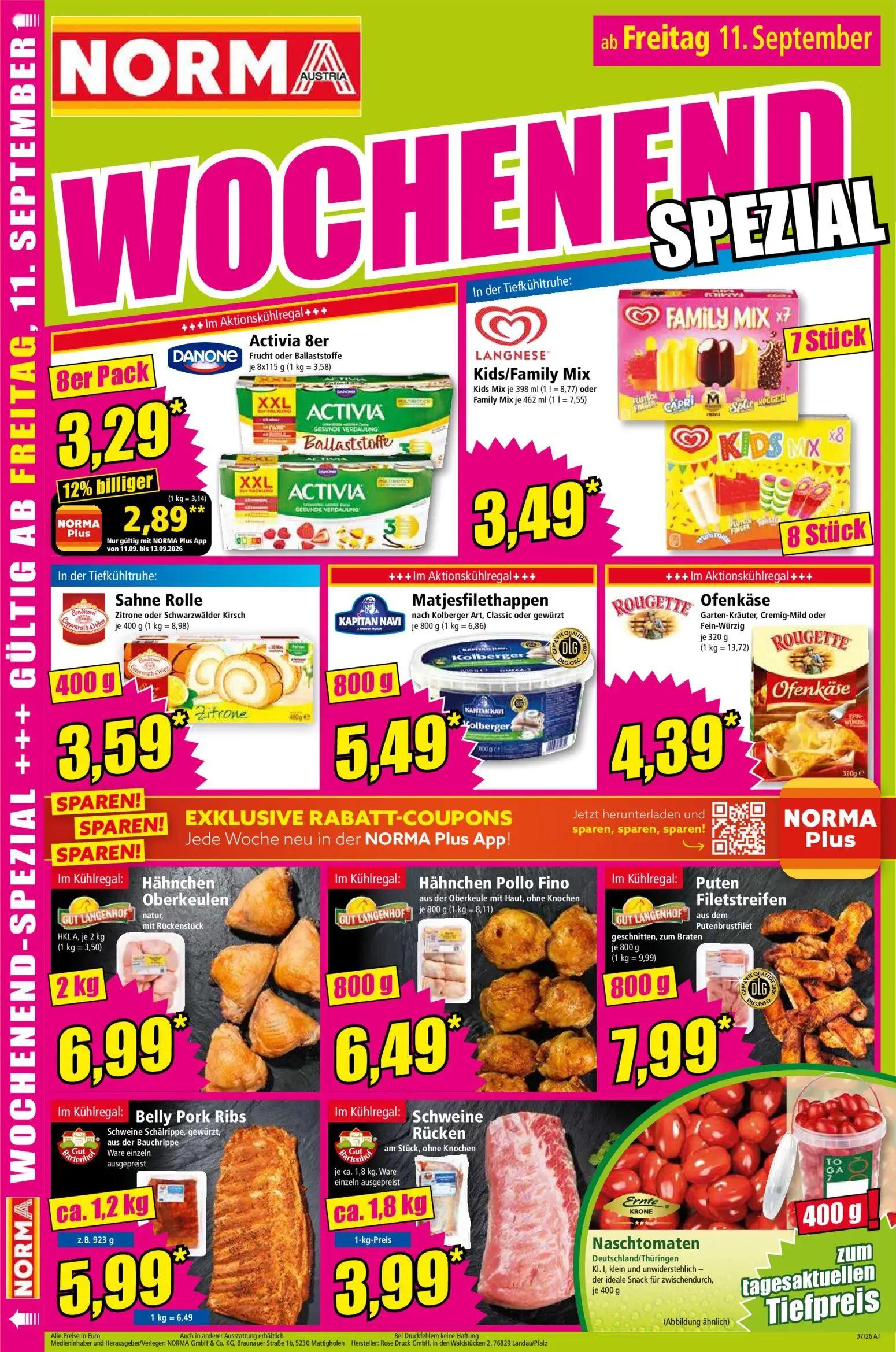Norma Prospekt, Seite 14 von 18 — Activia 8er, Kids/Family Mix, Sahne Rolle Zitrone oder Schwarzwälder Kirsch