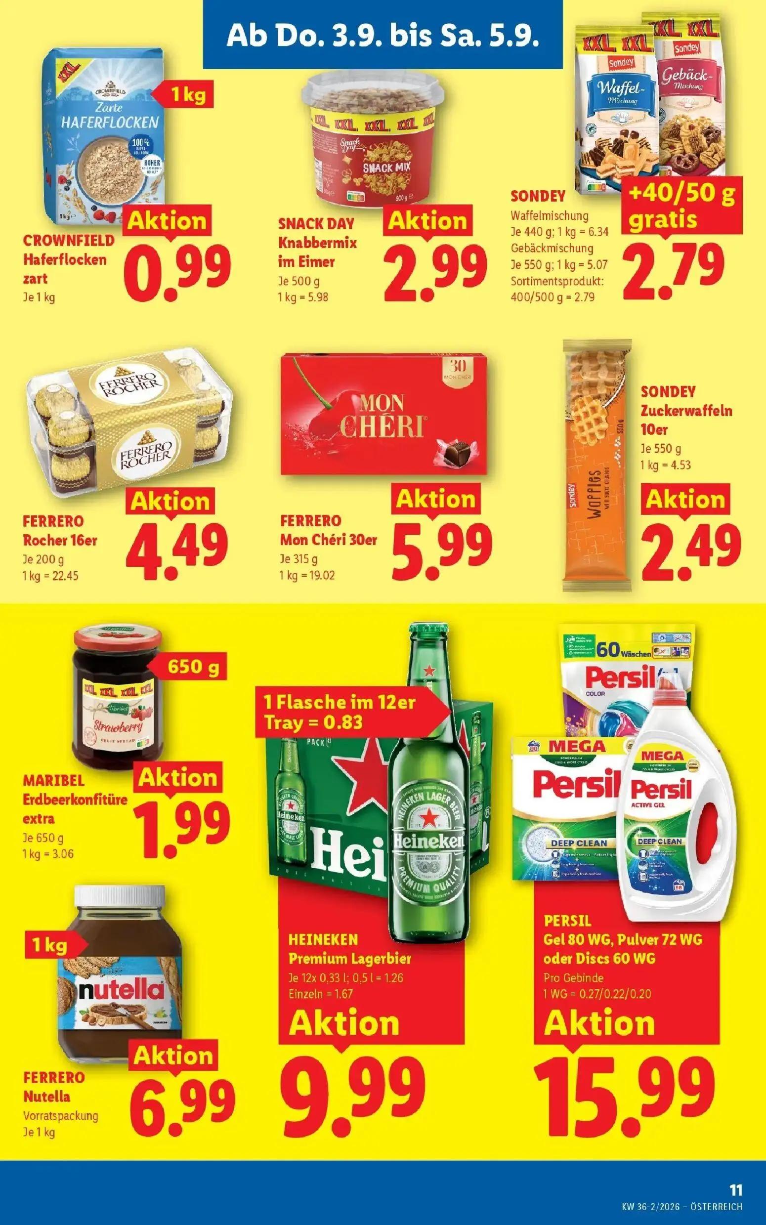Lidl Prospekt, Seite 13 von 55 — SNACK DAY Knabbermix im Eimer, SONDEY Waffelmischung, SONDEY Gebäckmischung