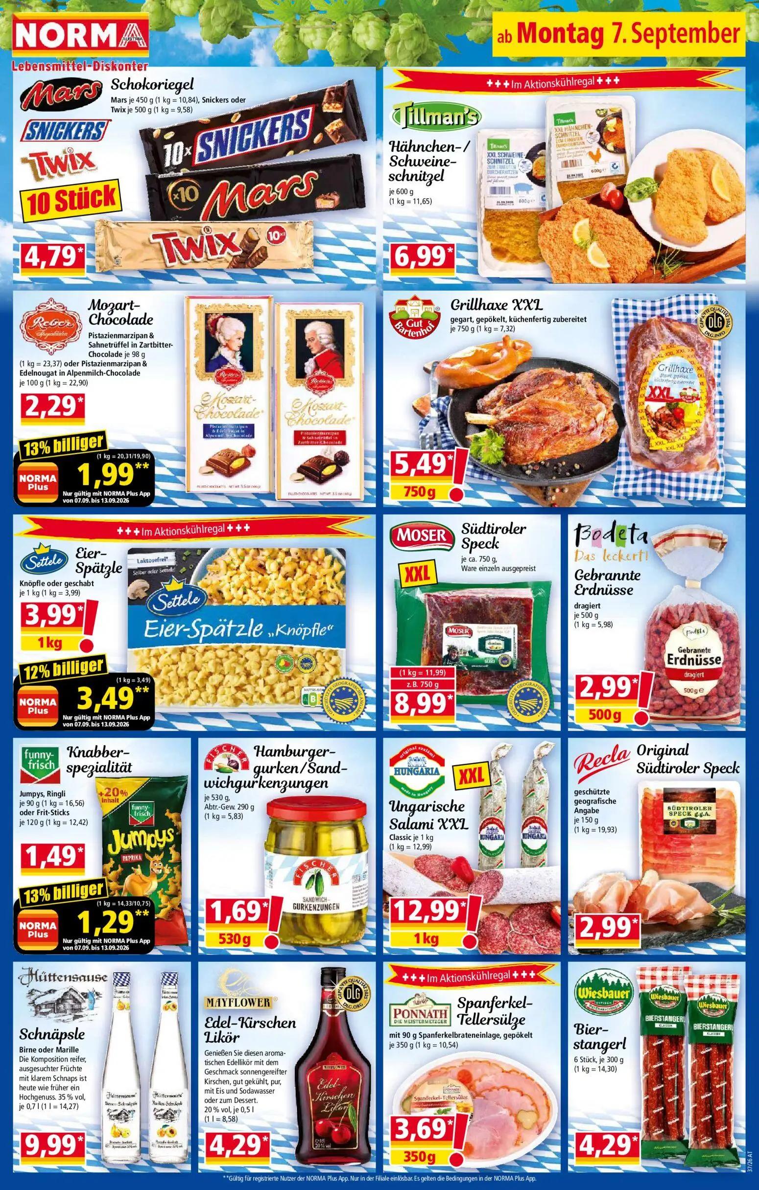 Norma Prospekt, Seite 16 von 18 — Settele Eier-Spätzle Knöpfle, Mozart-Chocolade, funny-frisch Knabber-spezialität Jumpys