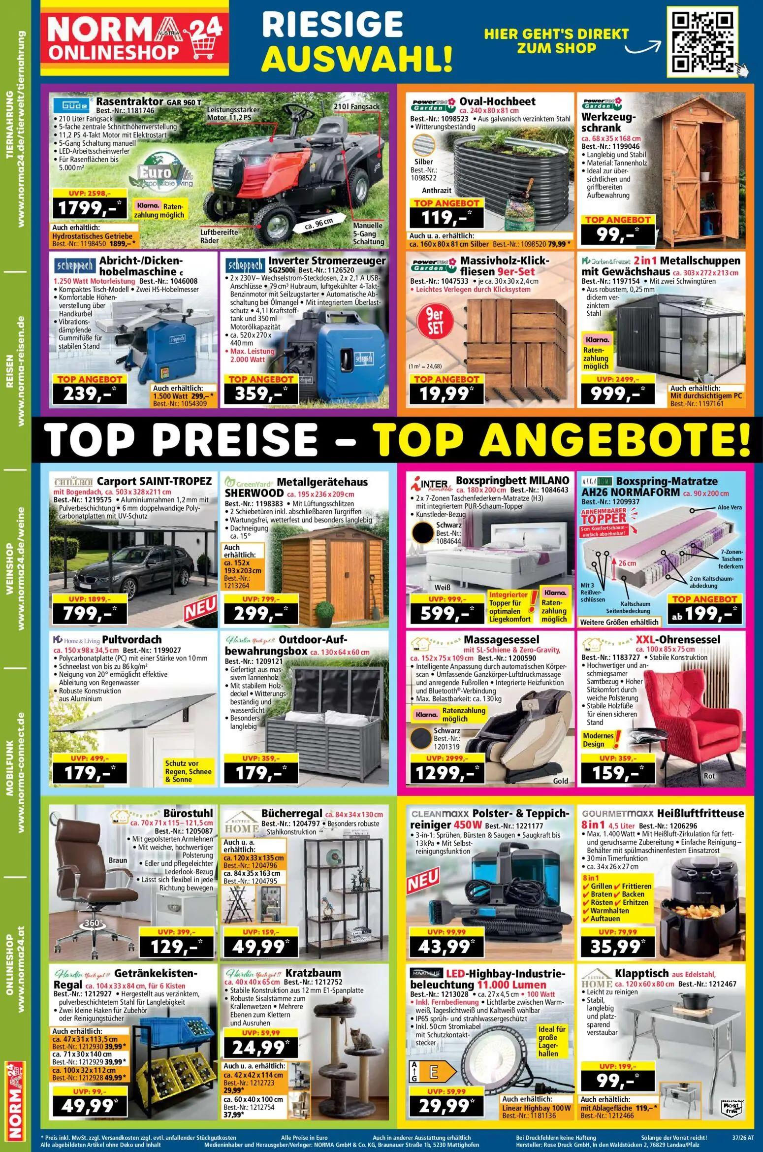 Norma Prospekt, Seite 18 von 18 — Massagesessel, 2 in 1 Metallschuppen mit Gewächshaus, Carport SAINT-TROPEZ