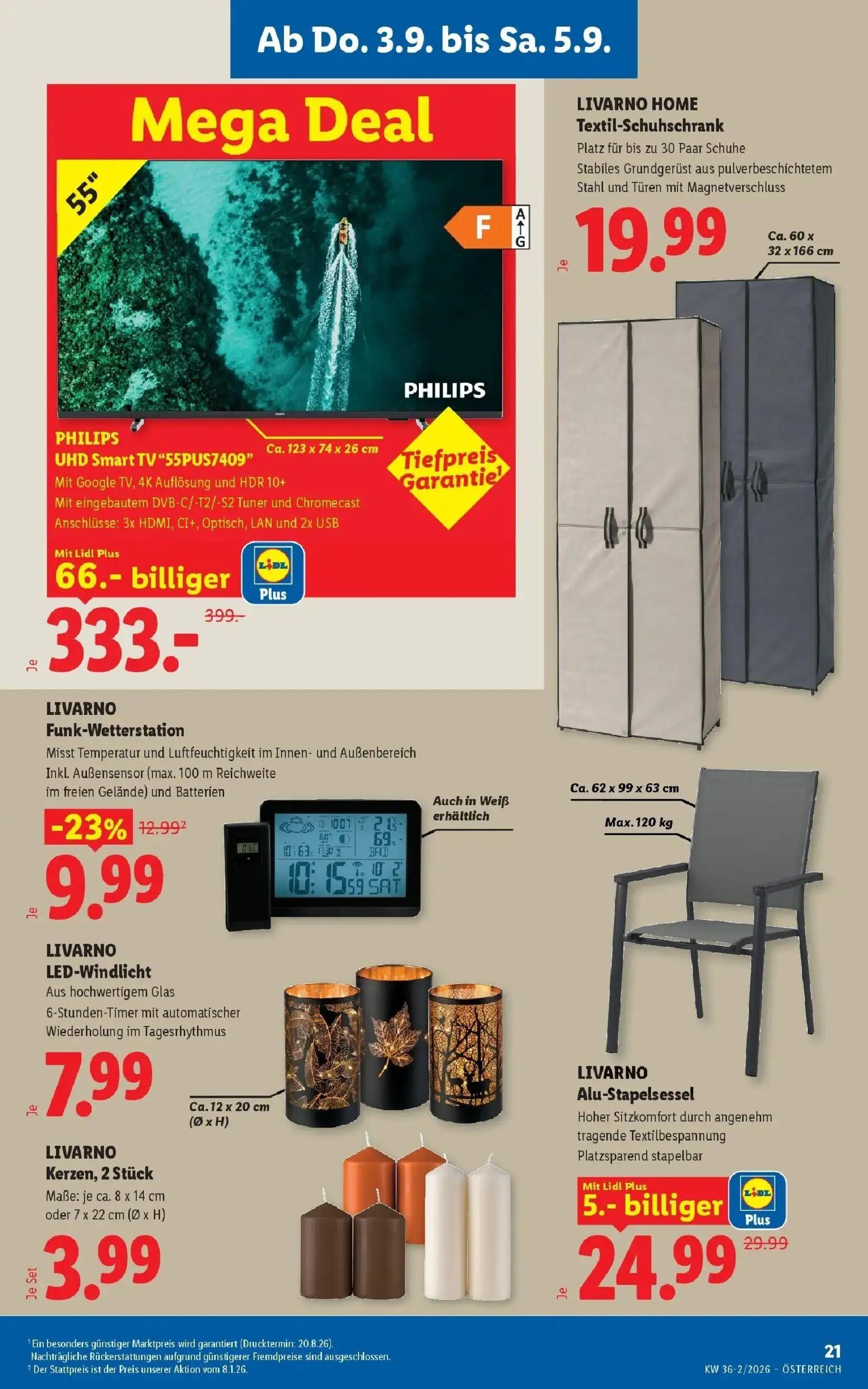Lidl Prospekt, Seite 25 von 55 — LIVARNO Alu-Stapelsessel, LIVARNO Funk-Wetterstation, LIVARNO HOME Textil-Schuhschrank