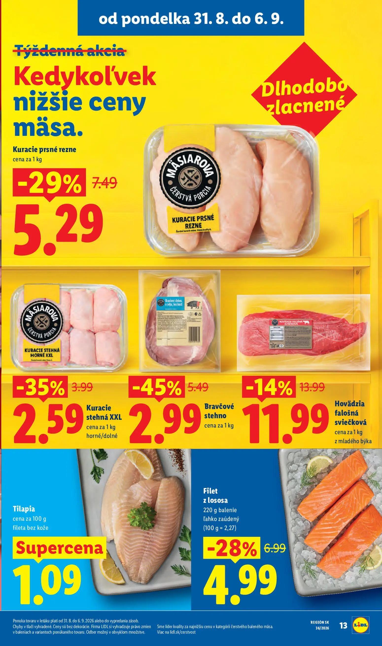 Lidl leták, strana 13 z 97 — Bravčové stehno, Kuracie prsné rezne, Hovädzia falošná sviečková z mladého býka