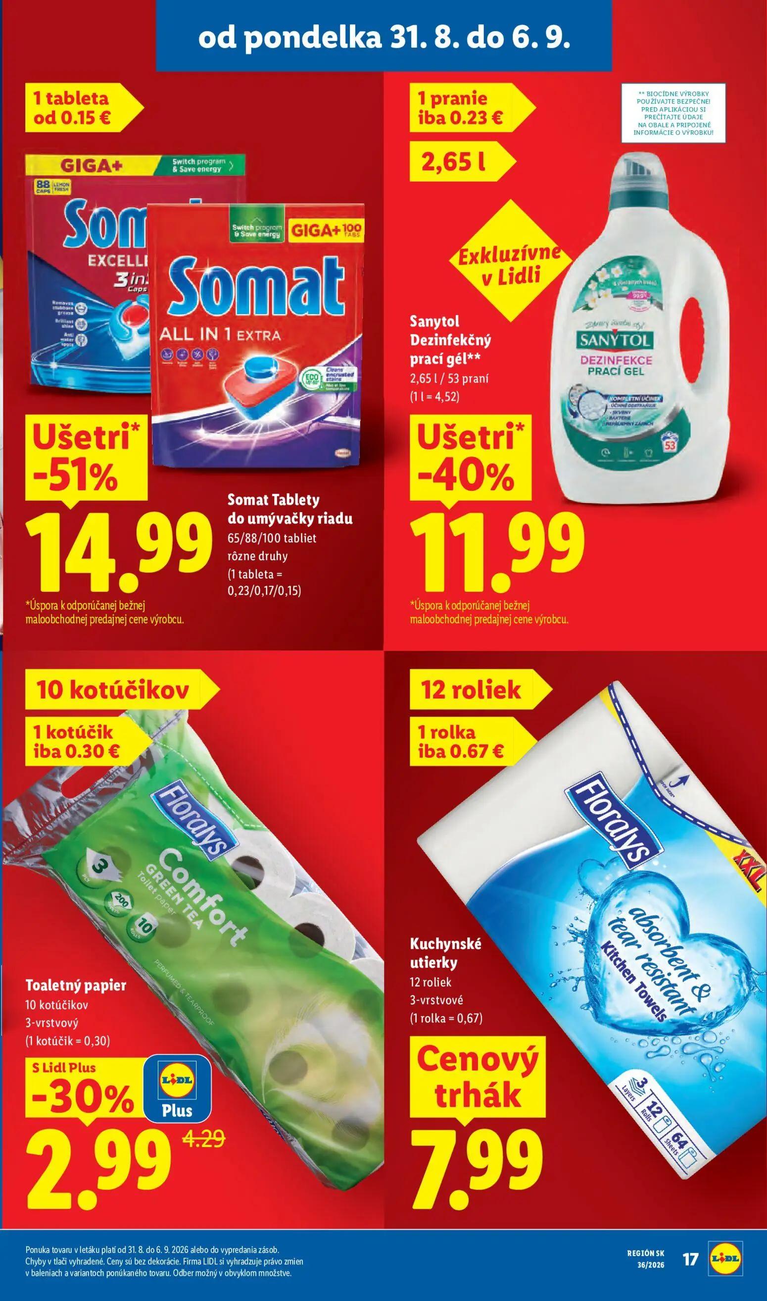 Lidl leták, strana 25 z 97 — Sanytol Dezinfekčný prací gél, Toaletný papier Floralys Comfort Green Tea, Kuchynské utierky Fl…