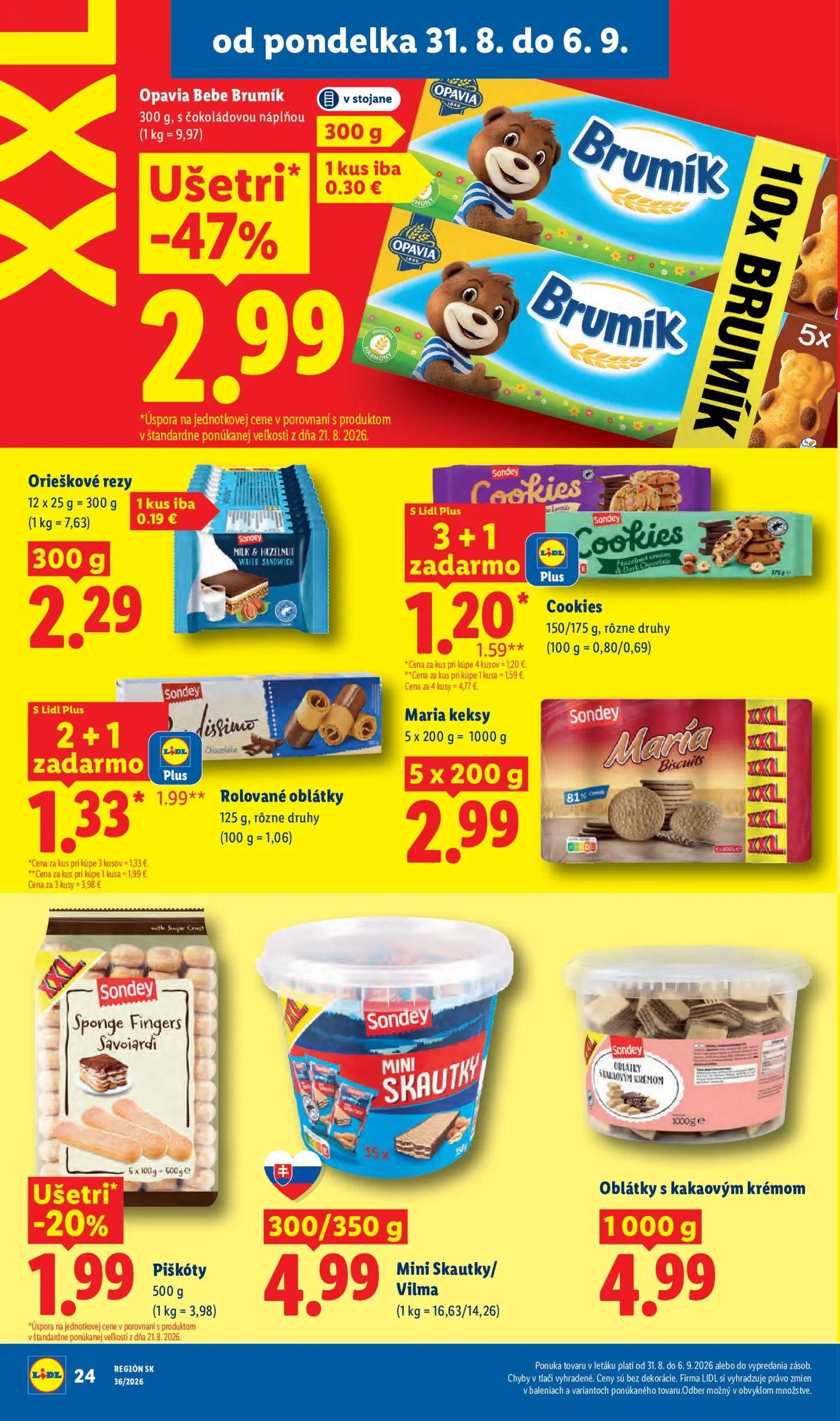 Lidl leták, strana 32 z 97 — Opavia Bebe Brumík s čokoládovou náplňou, Rolované oblátky, Piškóty