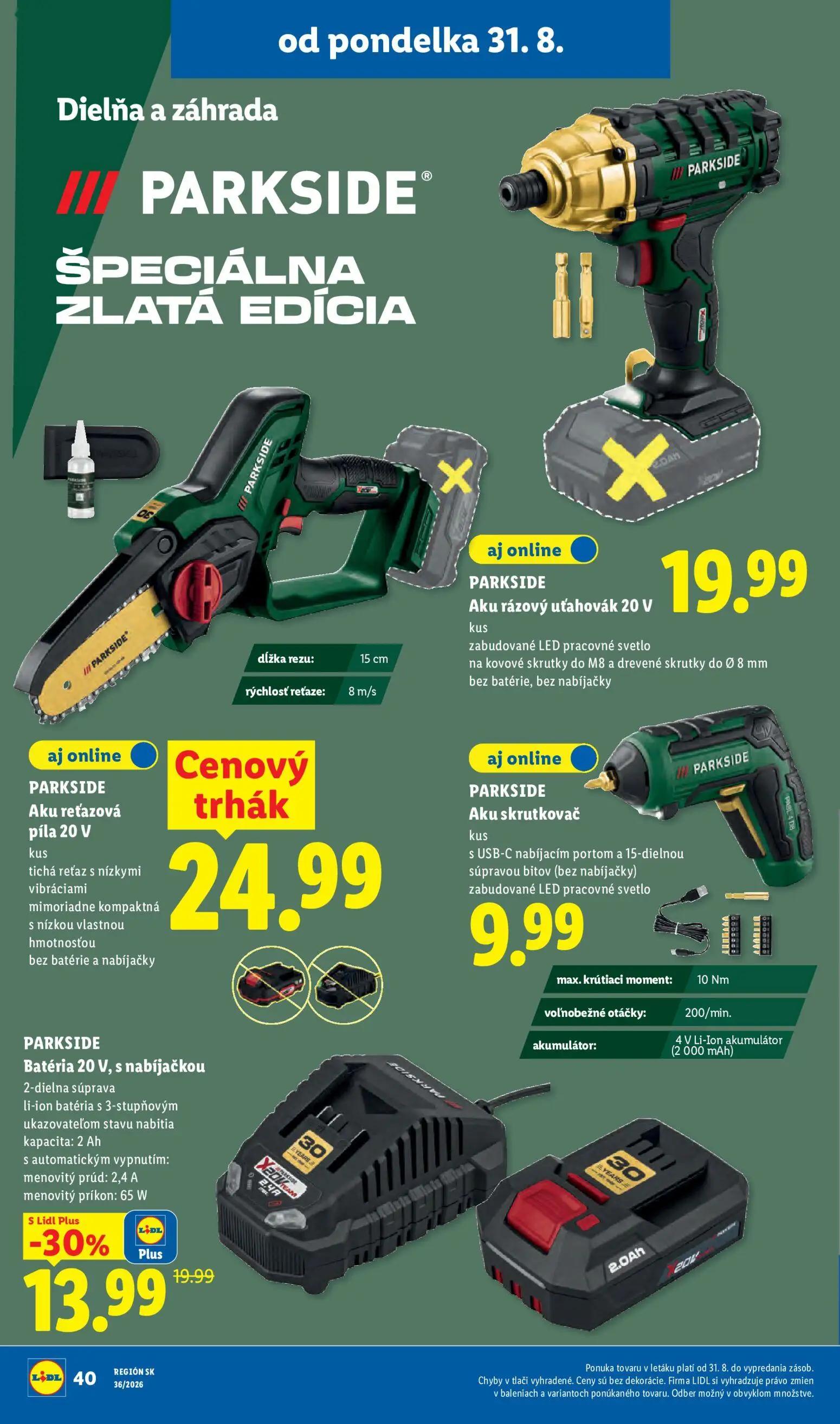 Lidl leták, strana 52 z 97 — PARKSIDE Batéria 20 V, s nabíjačkou, PARKSIDE Aku rázový uťahovák 20 V, PARKSIDE Aku reťazová p…