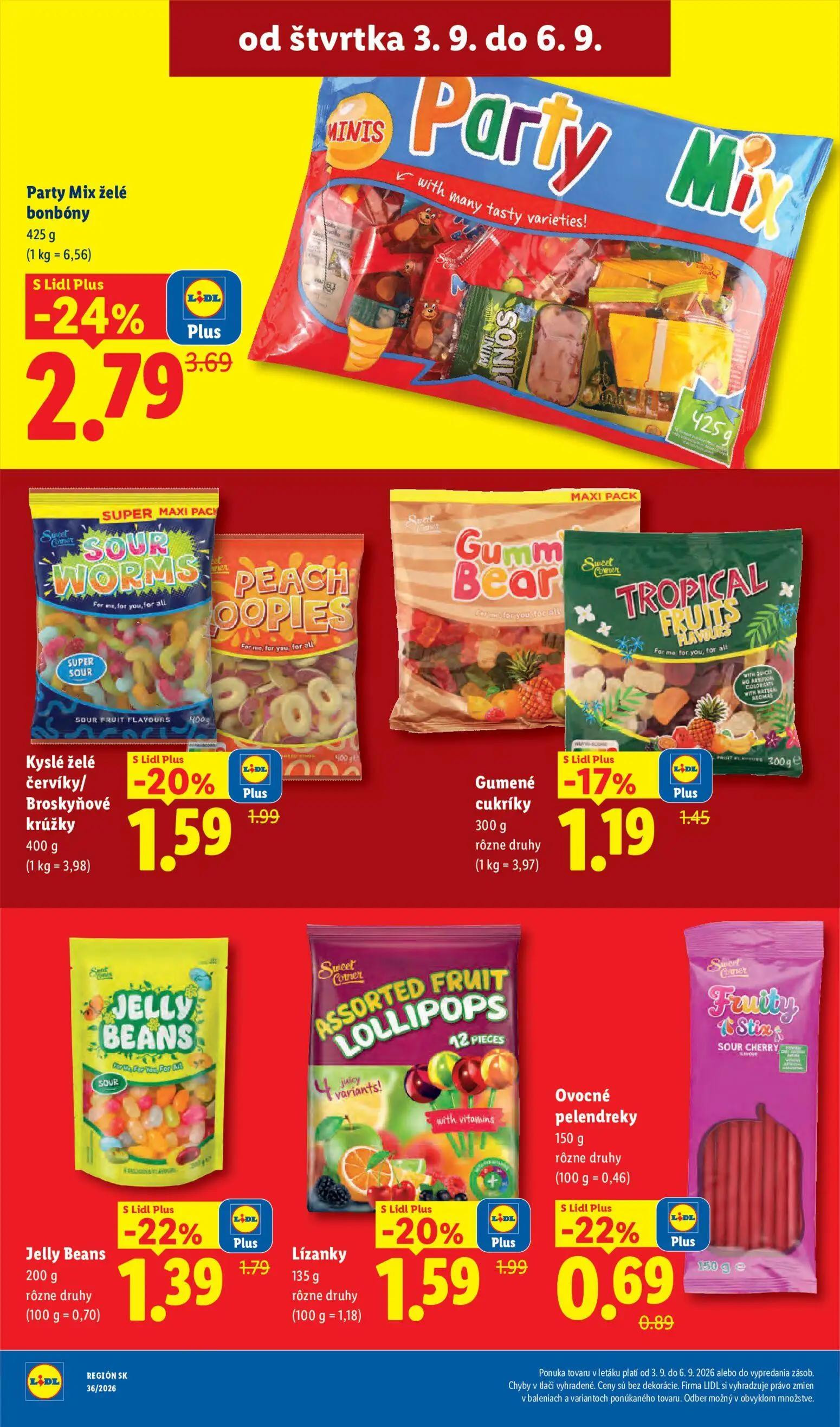 Lidl leták, strana 79 z 97 — Party Mix želé bonbóny, Kyslé želé červíky/Broskyňové krúžky, Jelly Beans