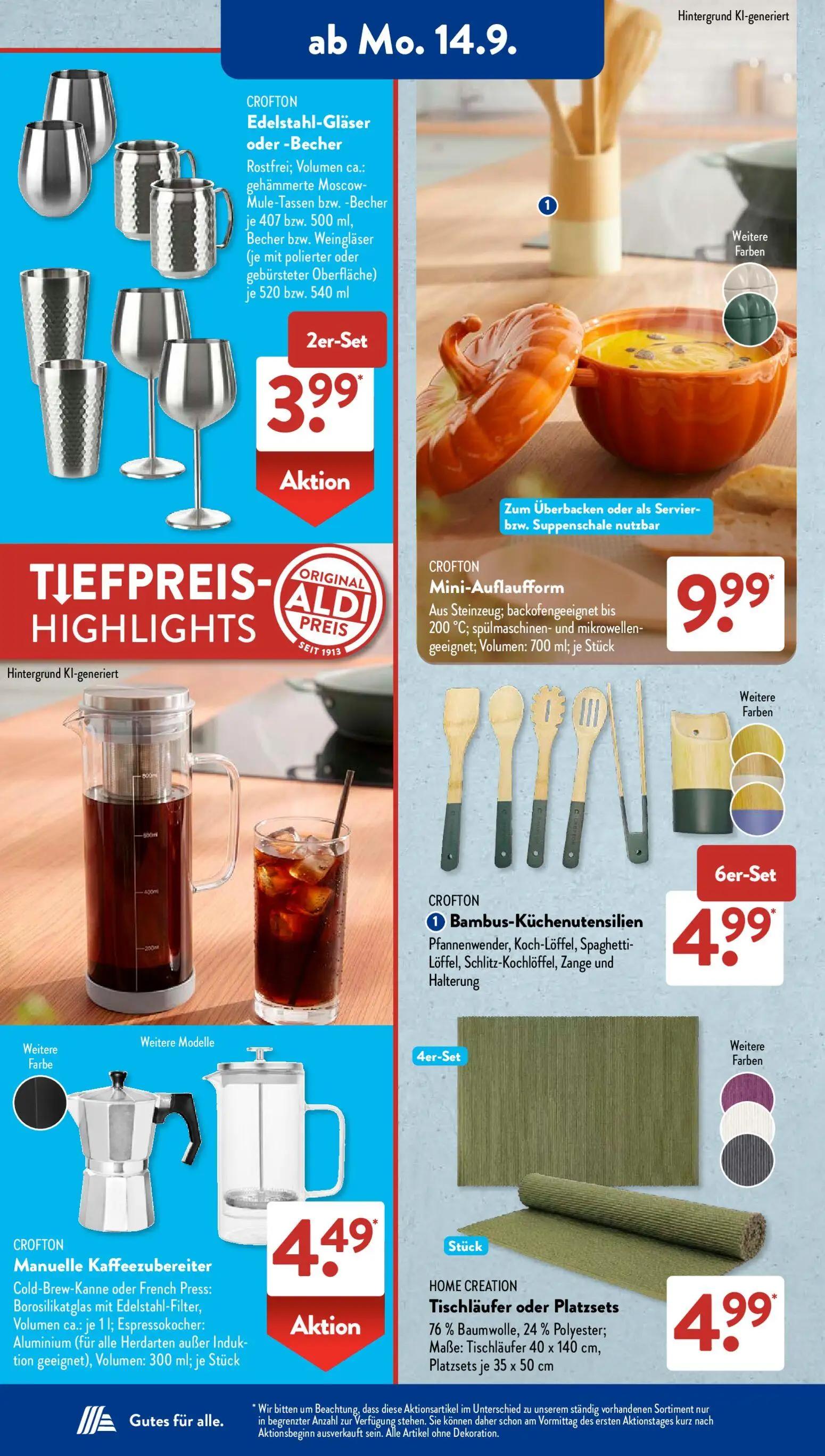 Aldi Süd Prospekt, Seite 2 von 23 — Edelstahl-Gläser oder -Becher, Mini-Auflaufform, Bambus-Küchenutensilien