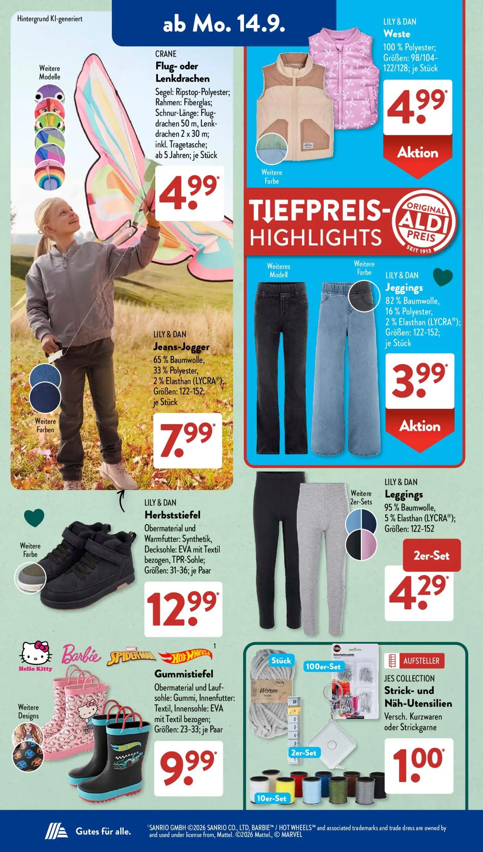 Aldi Süd Prospekt, Seite 6 von 23 — CRANE Flug- oder Lenkdrachen, LILY & DAN Weste, LILY & DAN Jeans-Jogger