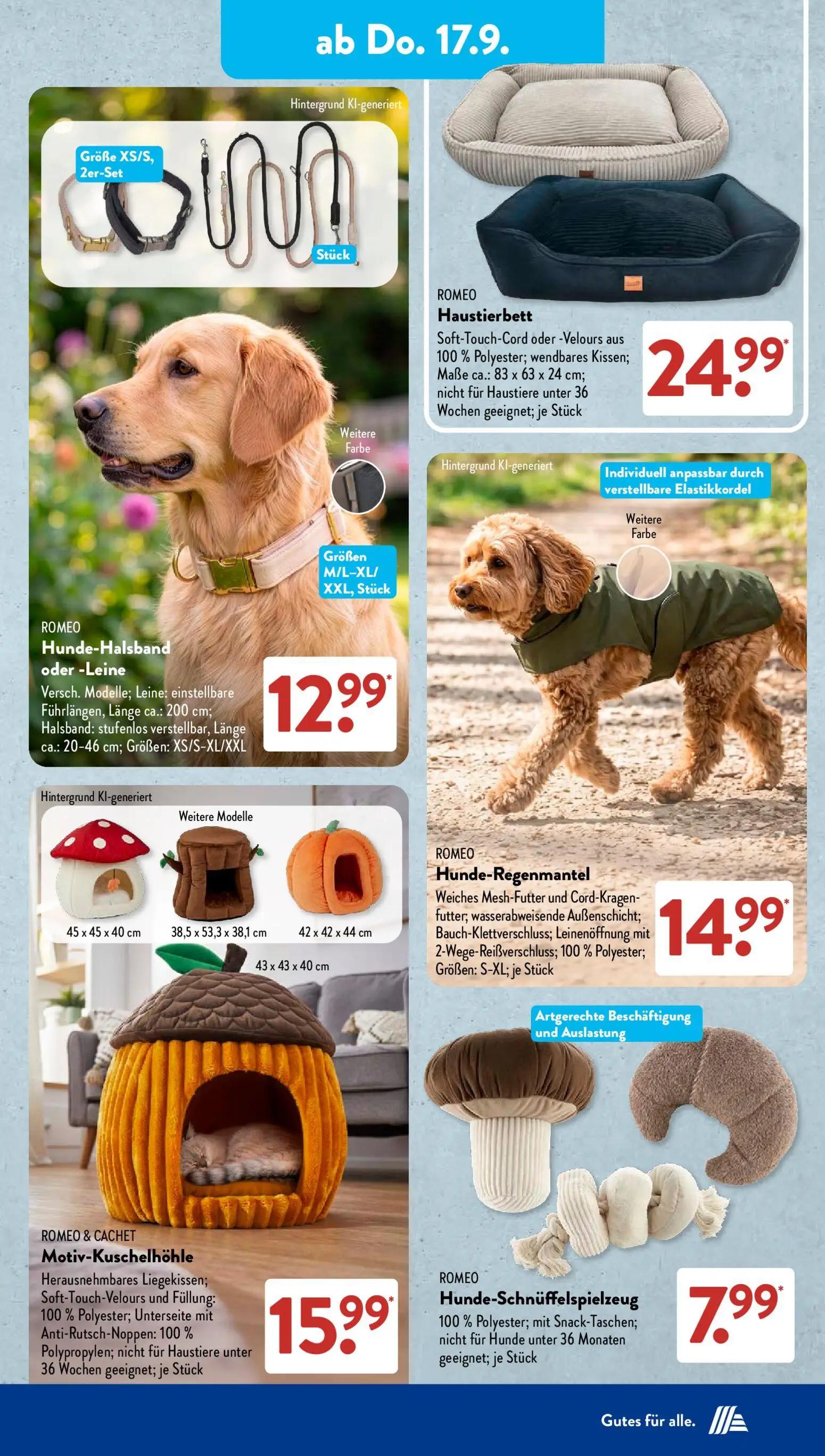 Aldi Süd Prospekt, Seite 9 von 23 — ROMEO Hunde-Halsband oder -Leine, ROMEO Haustierbett, ROMEO Hunde-Regenmantel