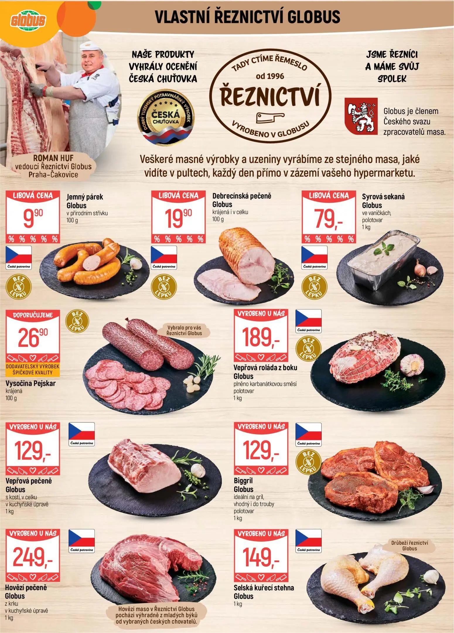GLOBUS leták, strana 5 z 47 — Jemný párek Globus, Debrecínská pečeně Globus krájená i v celku, Syrová sekaná Globus ve vanič…