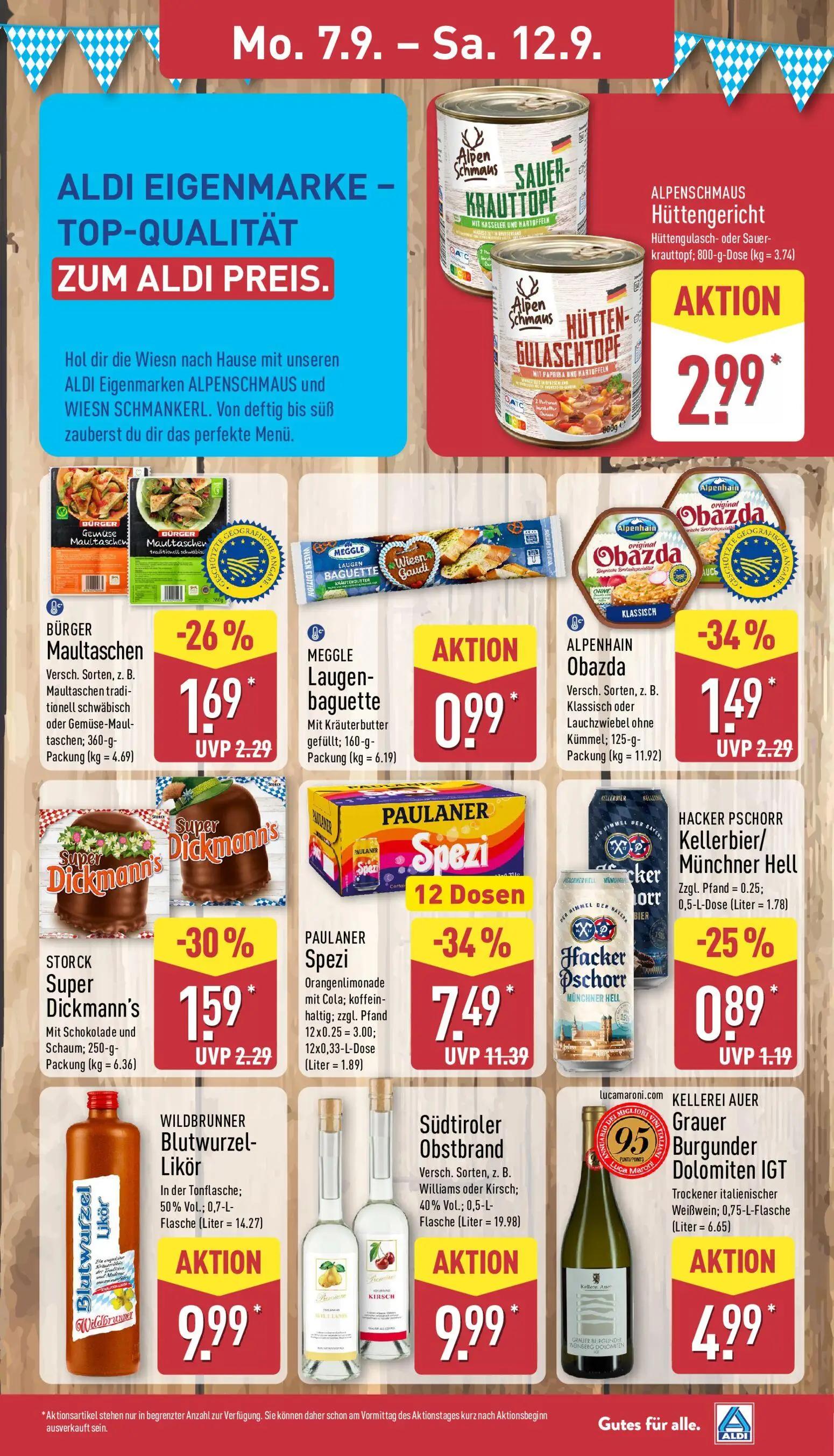 Aldi Nord Prospekt, Seite 13 von 40 — PAULANER Spezi, Alpen Schmaus Hüttengericht Hüttengulasch- oder Sauerkrauttopf
