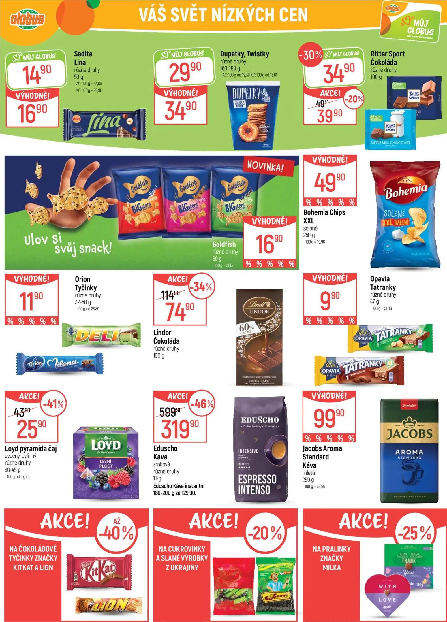 GLOBUS leták, strana 27 z 47 — Eduscho Káva zrnková, Lindor Čokoláda, Loyd pyramida čaj ovocný, bylinný
