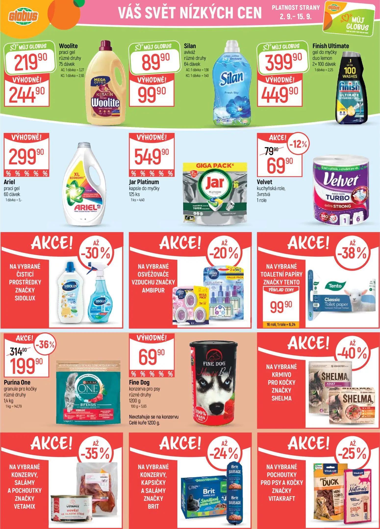 GLOBUS leták, strana 33 z 47 — Purina One granule pro kočky různé druhy, TOALETNÍ PAPÍRY ZNAČKY TENTO, Finish Ultimate gel d…