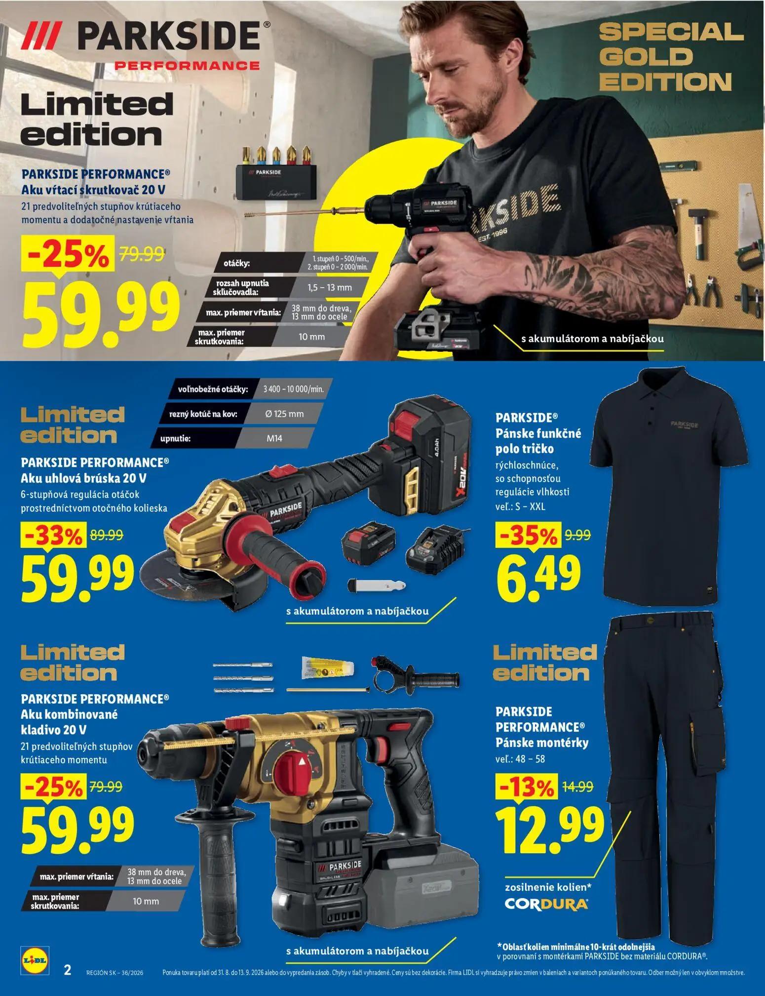 Lidl leták, strana 2 z 8 — PARKSIDE PERFORMANCE® Aku uhlová brúska 20 V, PARKSIDE PERFORMANCE® Aku vŕtací skrutkovač 20 V, P…