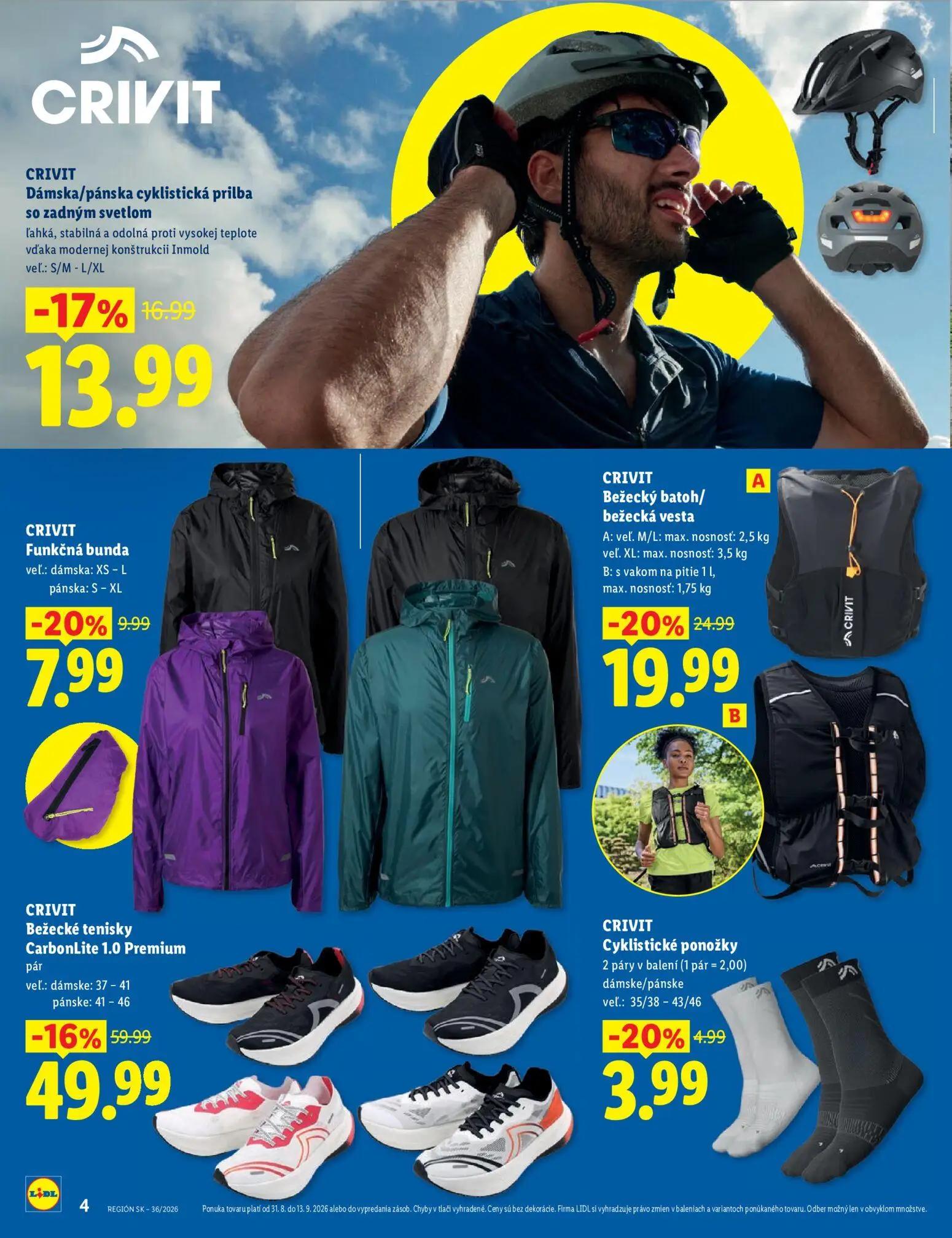Lidl leták, strana 4 z 8 — Bežecké tenisky CarbonLite 1.0 Premium, Bežecký batoh/bežecká vesta, Dámska/pánska cyklistická pr…