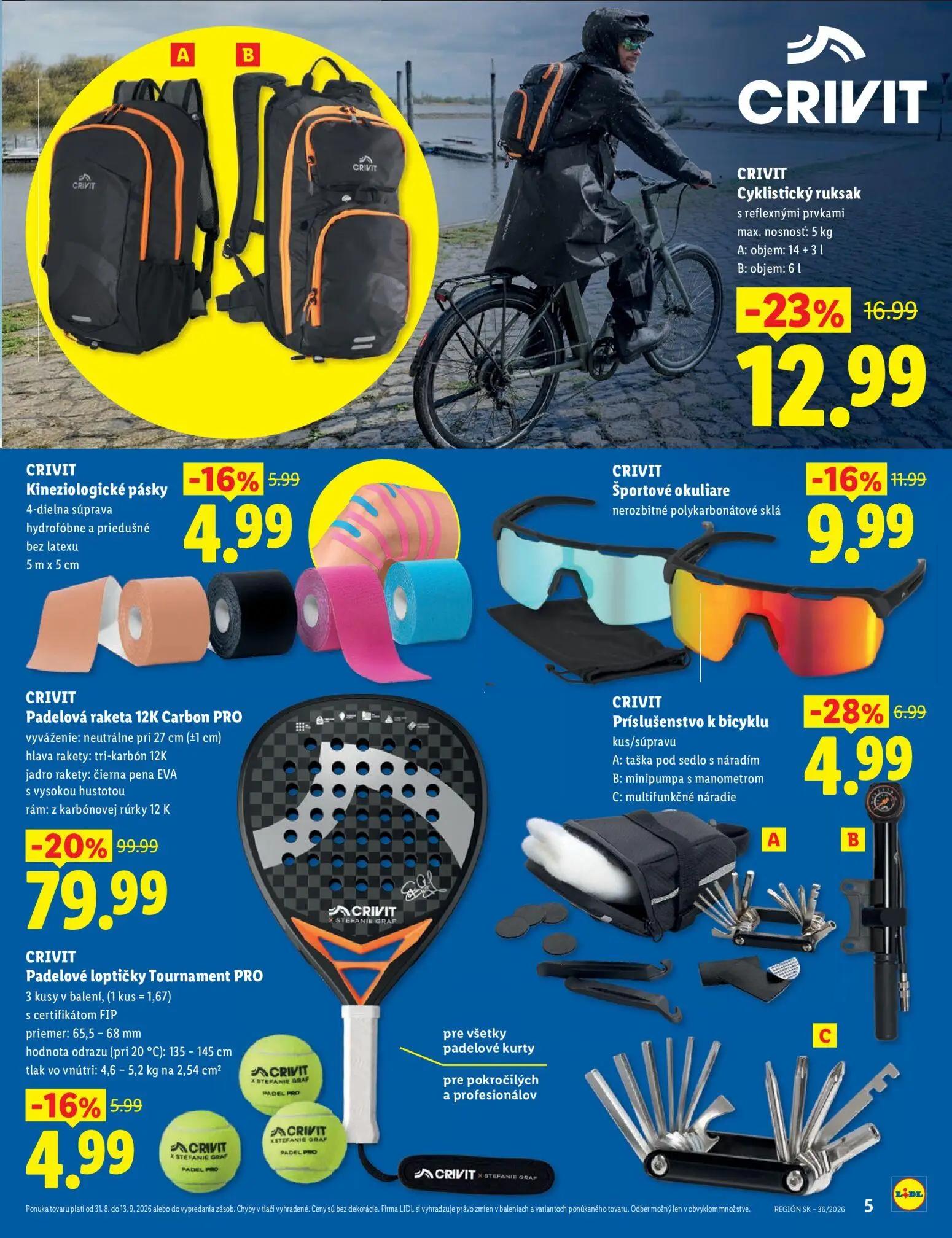 Lidl leták, strana 5 z 8 — Cyklistický ruksak, Športové okuliare, Príslušenstvo k bicyklu