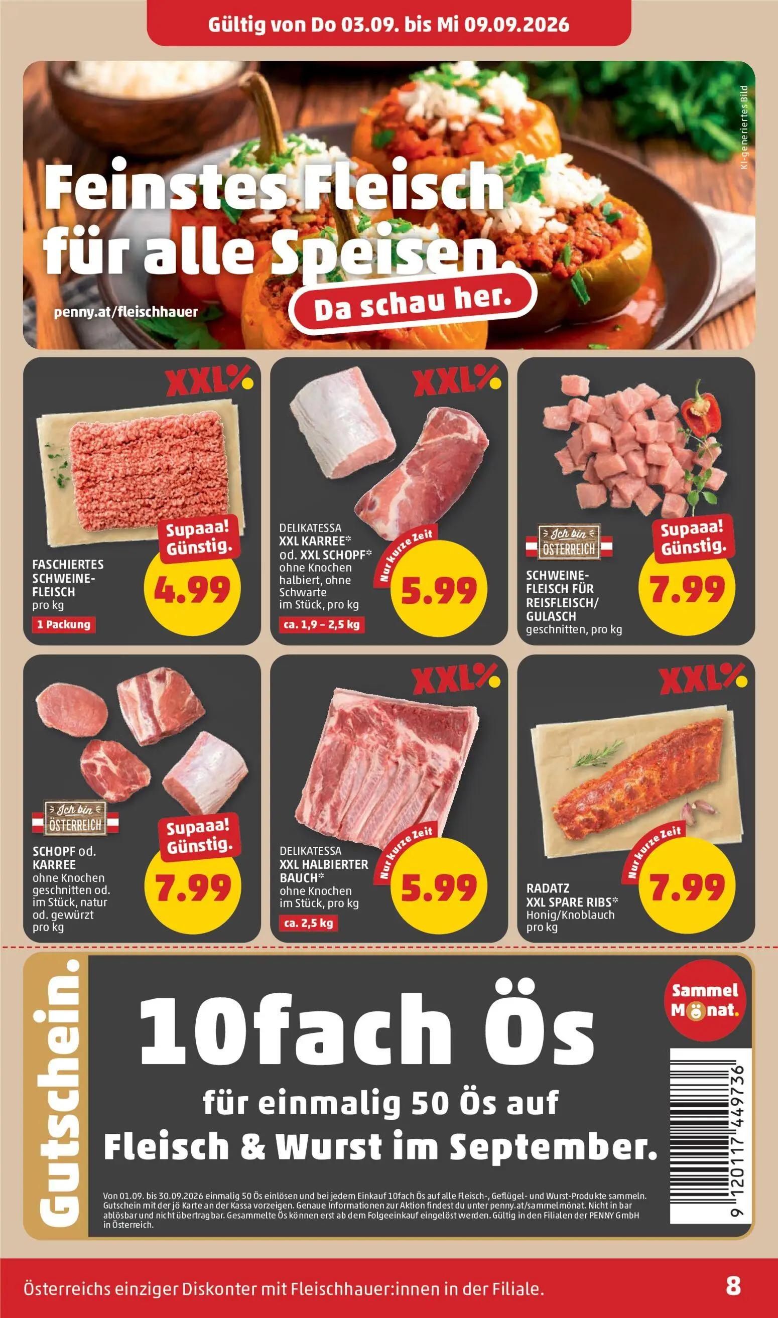PENNY Prospekt, Seite 8 von 32 — FASCHIERTES SCHWEINE-FLEISCH, RADATZ XXL SPARE RIBS* Honig/Knoblauch