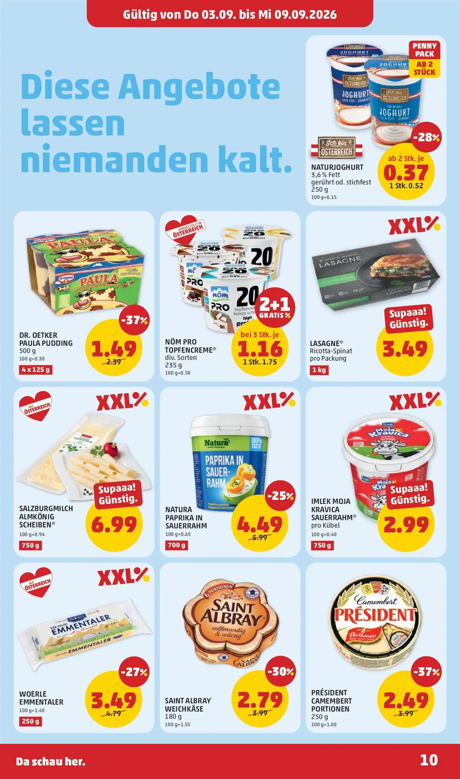 PENNY Prospekt, Seite 10 von 32 — DR. OETKER PAULA PUDDING, NÖM PRO TOPFENCREME*, NATURJOGHURT 3,6% Fett gerührt od. stichfe…