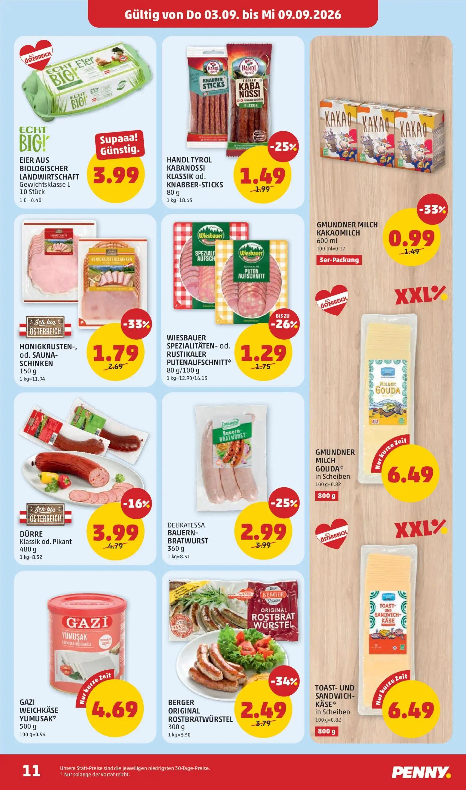 PENNY Prospekt, Seite 11 von 32 — BERGER ORIGINAL ROSTBRATWÜRSTEL, DELIKATESSA BAUERN-BRATWURST, HANDL TYROL KABANOSSI KLASS…