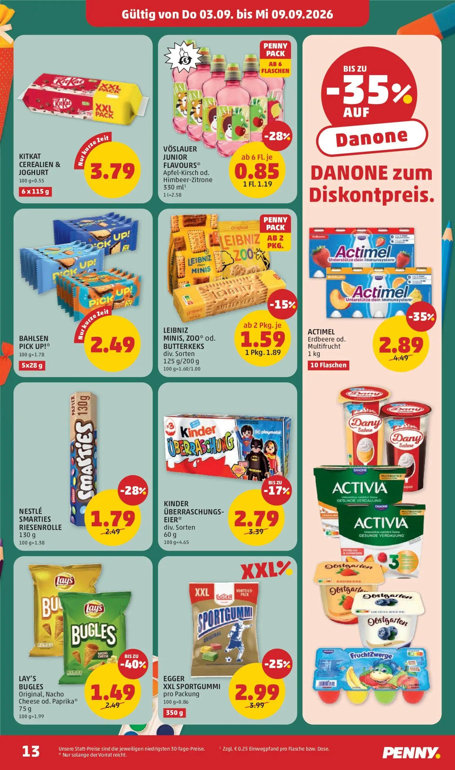 PENNY Prospekt, Seite 13 von 32 — ACTIMEL Erdbeere od. Multifrucht, LAY'S BUGLES Original, Nacho Cheese od. Paprika*, KINDER…