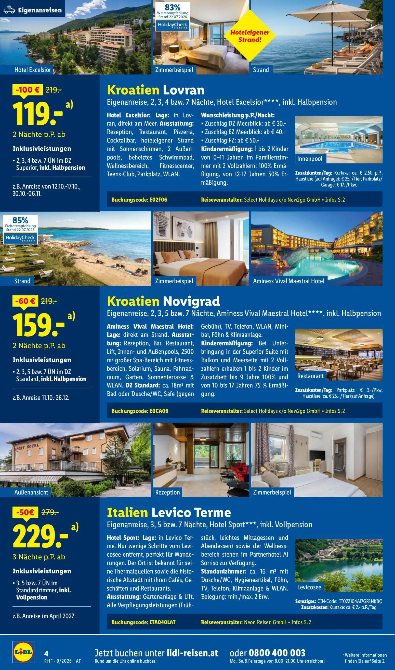 Lidl Prospekt, Seite 4 von 20 — Kroatien Lovran Hotel Excelsior, Kroatien Novigrad Aminess Vival Maestral Hotel, Italien Lev…