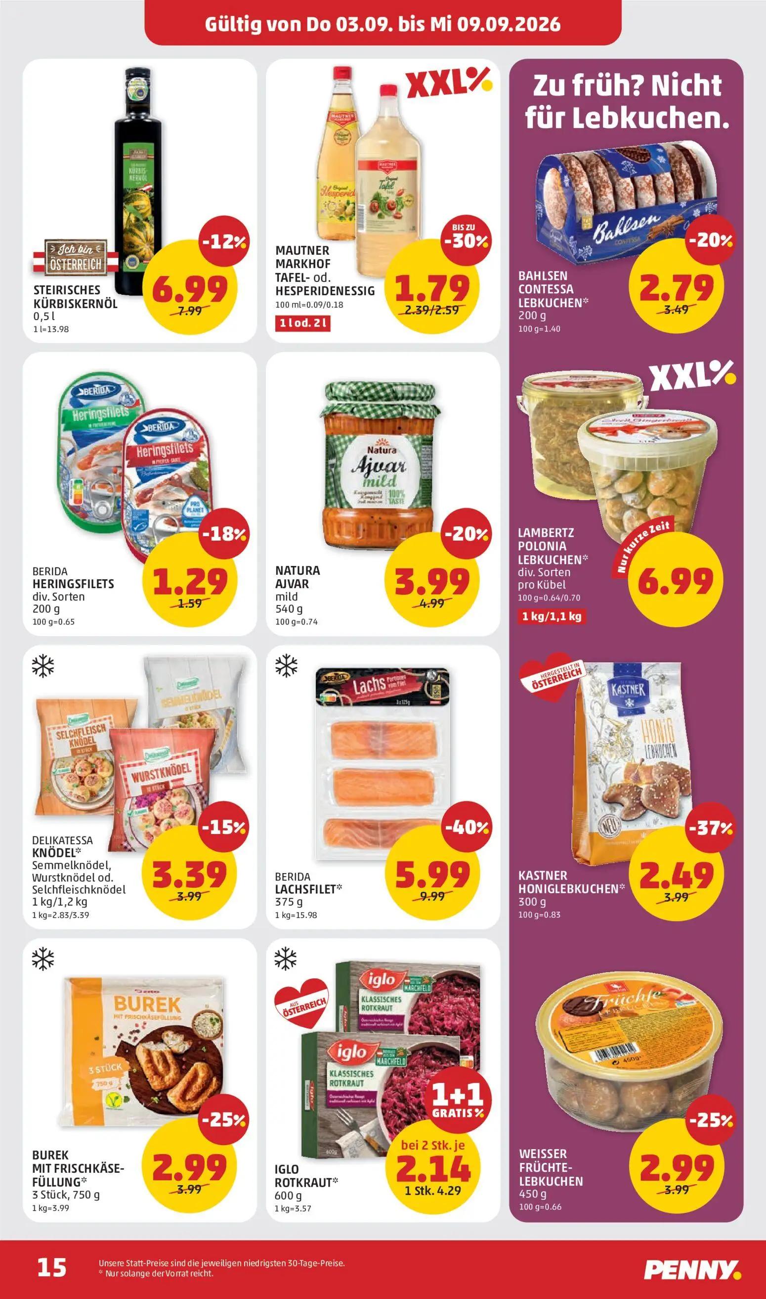 PENNY Prospekt, Seite 15 von 32 — KASTNER HONIGLEBKUCHEN, BUREK MIT FRISCHKÄSE-FÜLLUNG 3 Stück, WEISSER FRÜCHTE-LEBKUCHEN