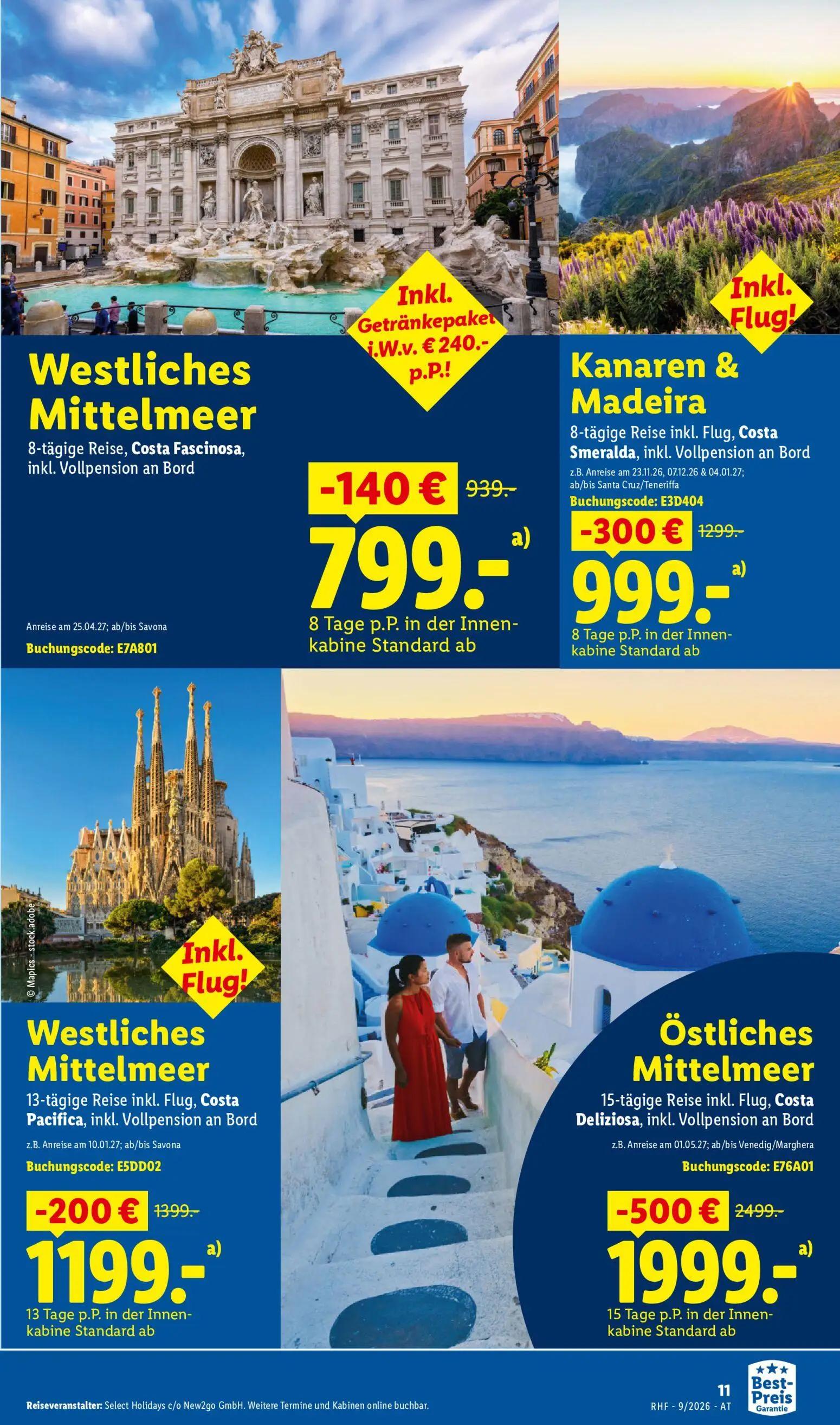 Lidl Prospekt, Seite 11 von 20 — 15-tägige Reise inkl. Flug, Costa Deliziosa, inkl. Vollpension an Bord, 8-tägige Reise inkl…