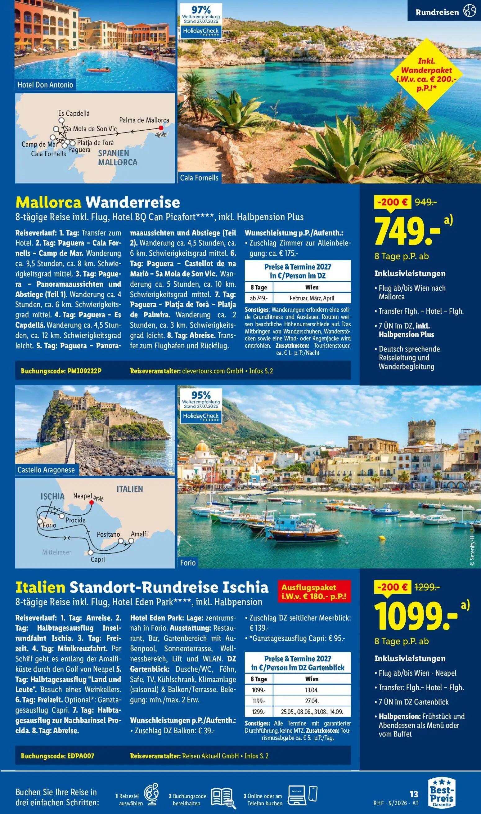 Lidl Prospekt, Seite 13 von 20 — Mallorca Wanderreise, Italien Standort-Rundreise Ischia