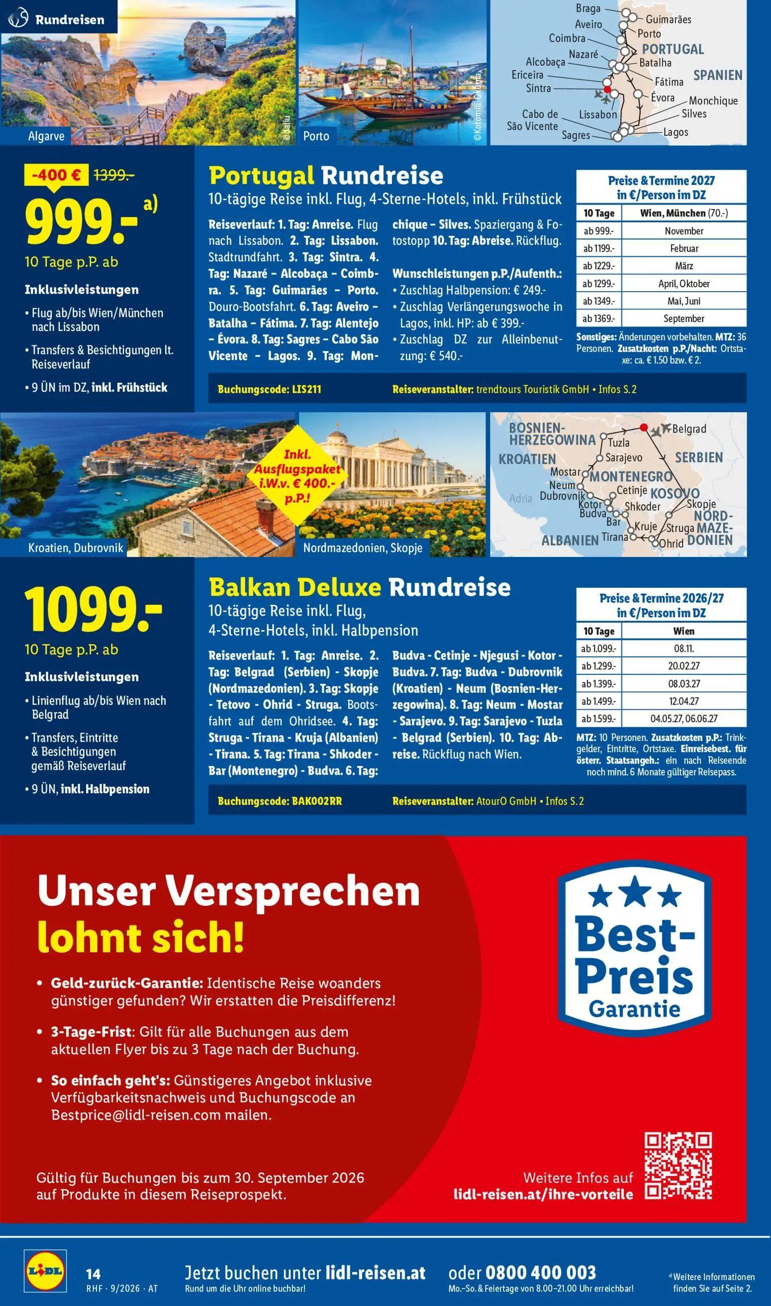 Lidl Prospekt, Seite 14 von 20 — Portugal Rundreise 10-tägige Reise inkl. Flug, 4-Sterne-Hotels, inkl. Frühstück, Balkan Del…