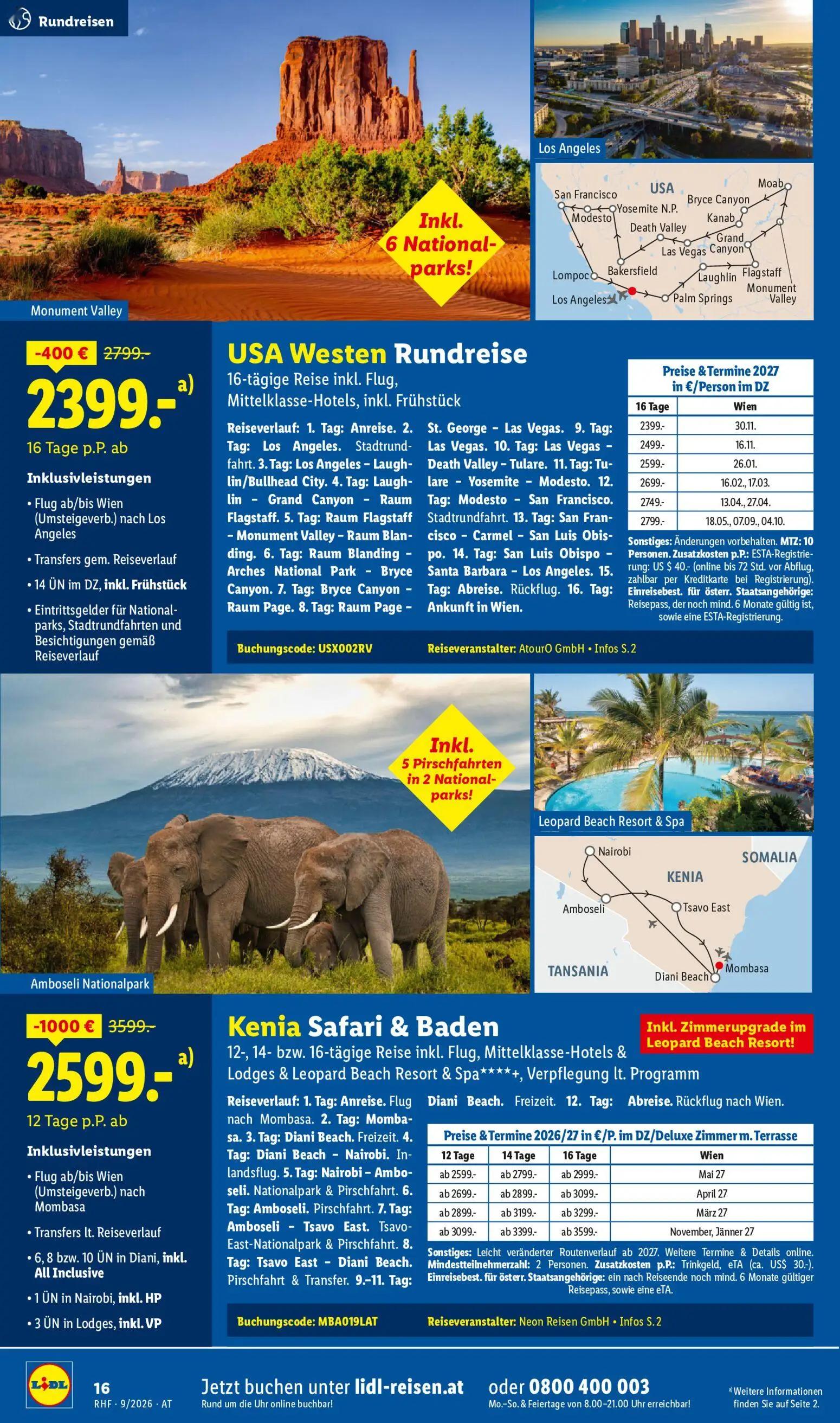 Lidl Prospekt, Seite 16 von 20 — Kenia Safari & Baden, USA Westen Rundreise