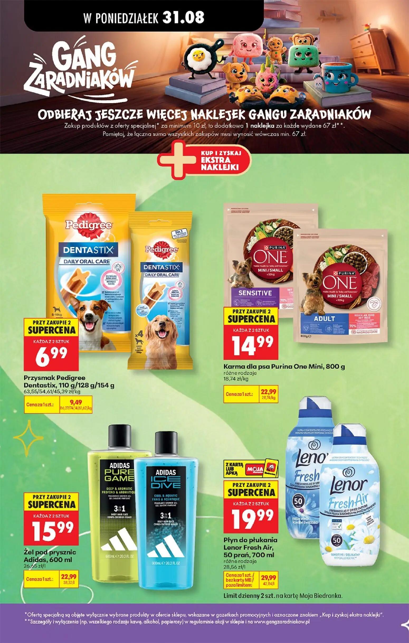 Biedronka gazetka, strona 52 z 113 — Płyn do płukania Lenor Fresh Air, Karma dla psa Purina One Mini, Żel pod prysznic Adidas