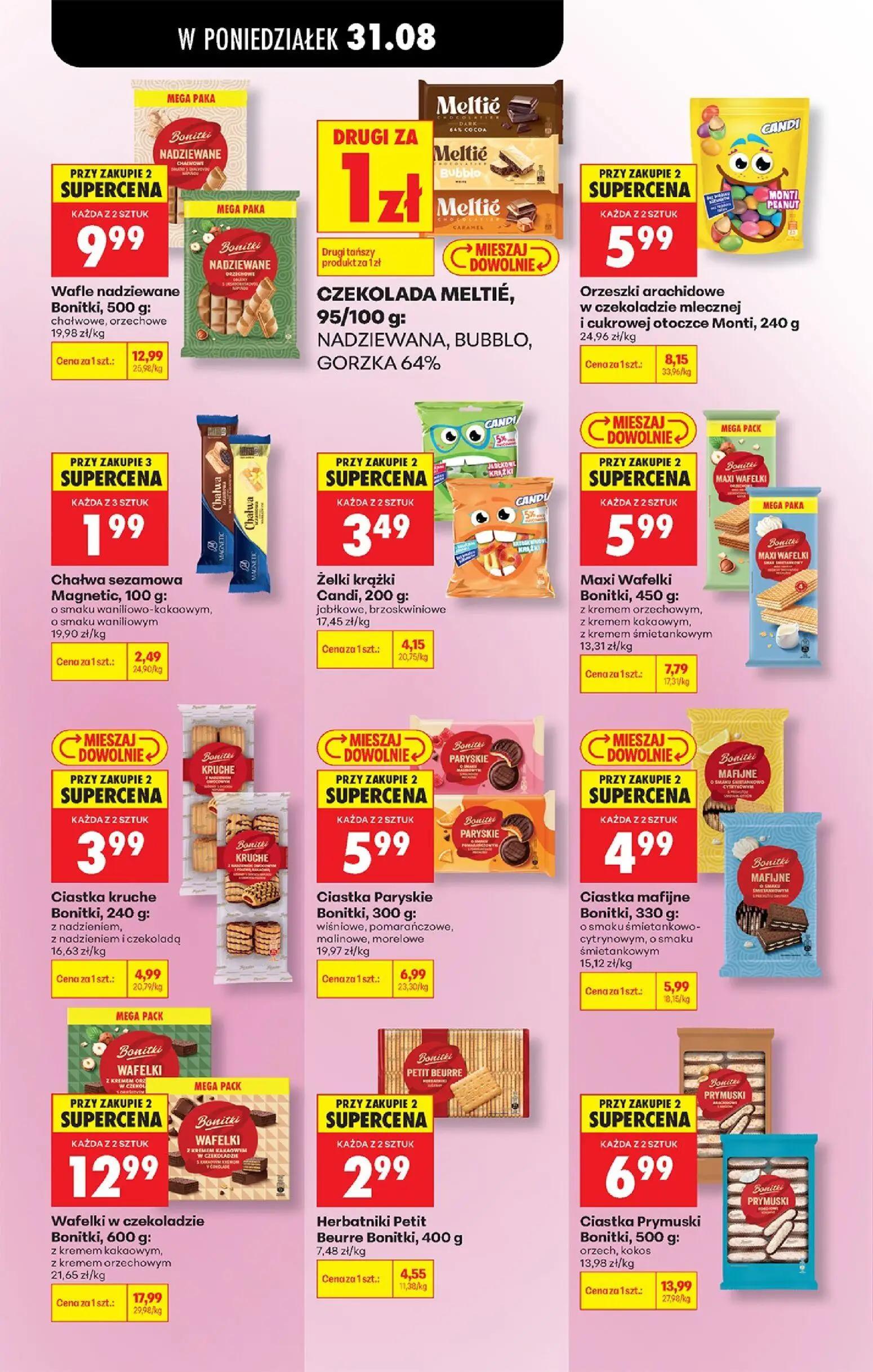 Biedronka gazetka, strona 84 z 113 — Ciastka Prymuski Bonitki, 500 g: orzech, kokos, Wafelki w czekoladzie Bonitki, 600 g: z…