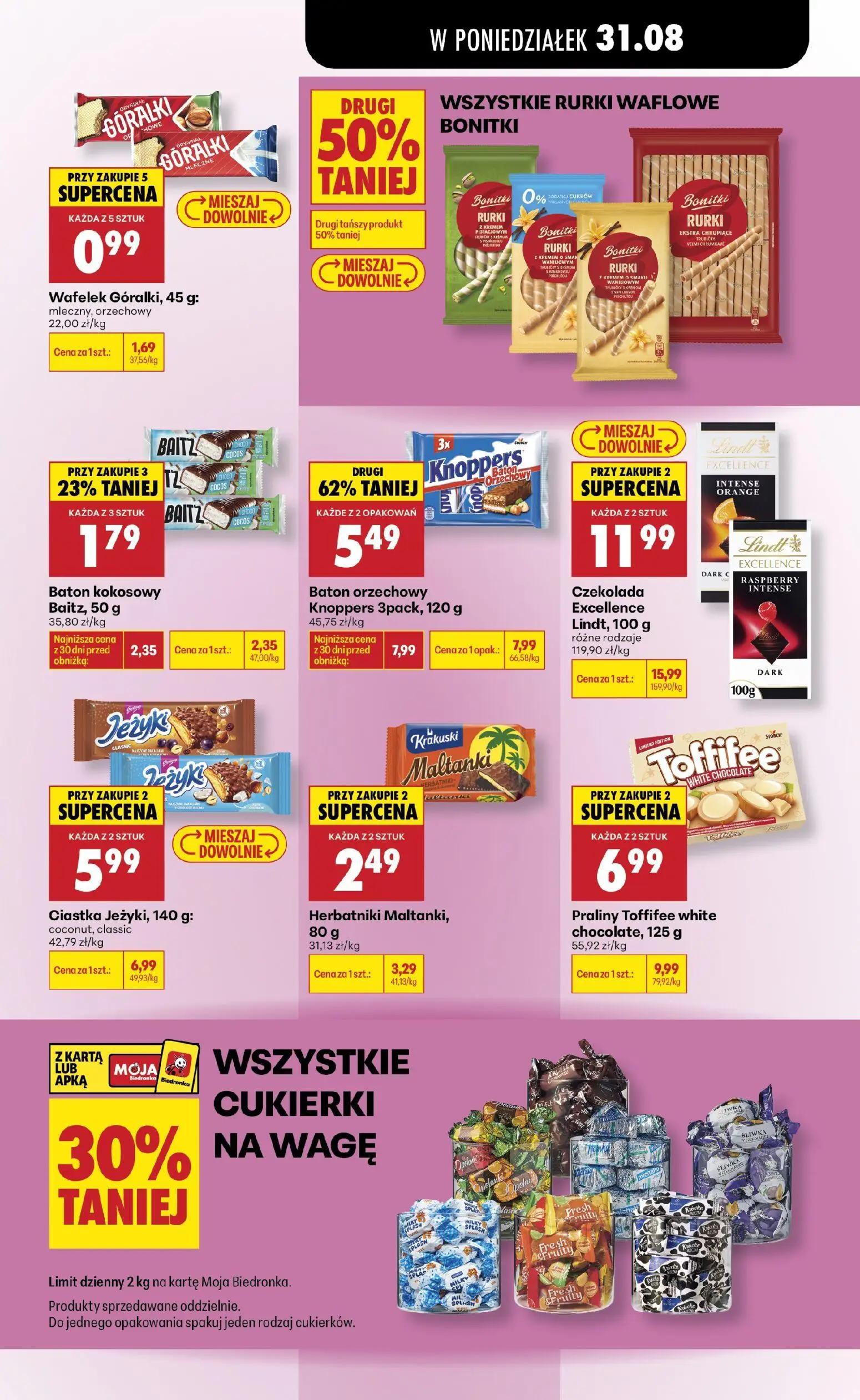 Biedronka gazetka, strona 85 z 113 — Czekolada Excellence Lindt, różne rodzaje, Praliny Toffifee white chocolate, Baton orze…