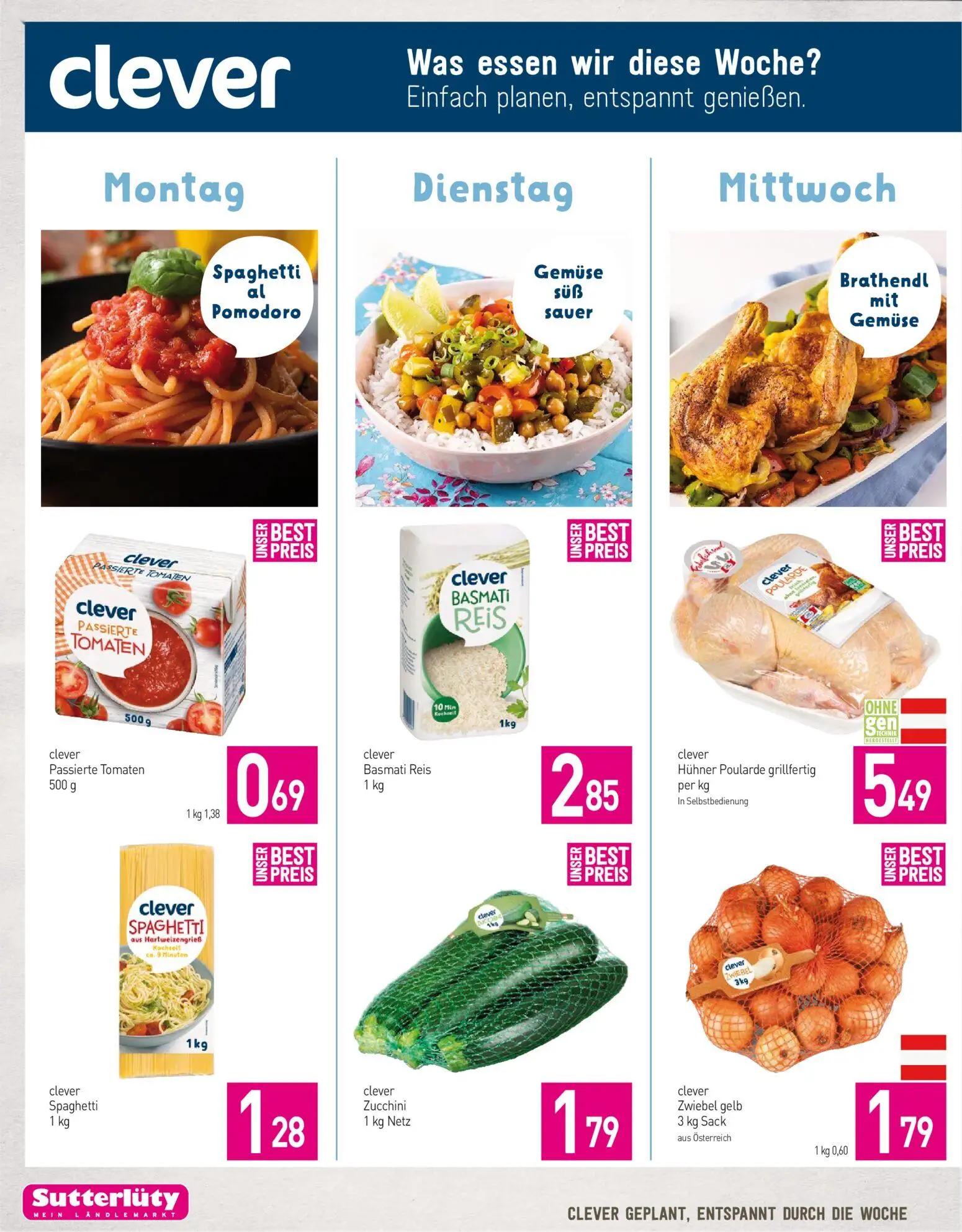 Sutterlüty Prospekt, Seite 4 von 8 — clever Passierte Tomaten, clever Basmati Reis, clever Hühner Poularde grillfertig