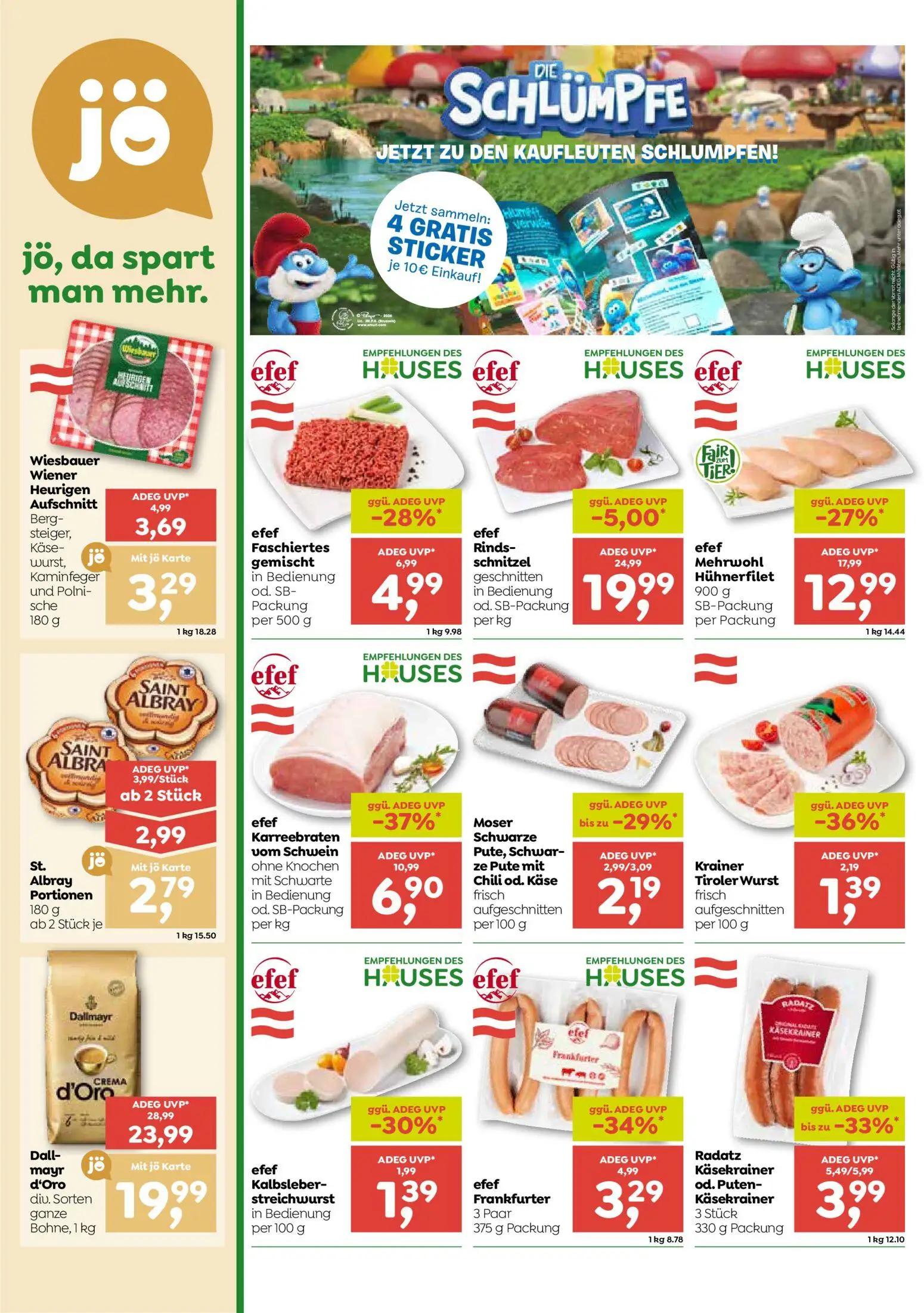 ADEG Prospekt, Seite 4 von 8 — Dallmayr d'Oro div. Sorten ganze Bohne, efef Rinds-schnitzel geschnitten, efef Mehrwohl Hühne…