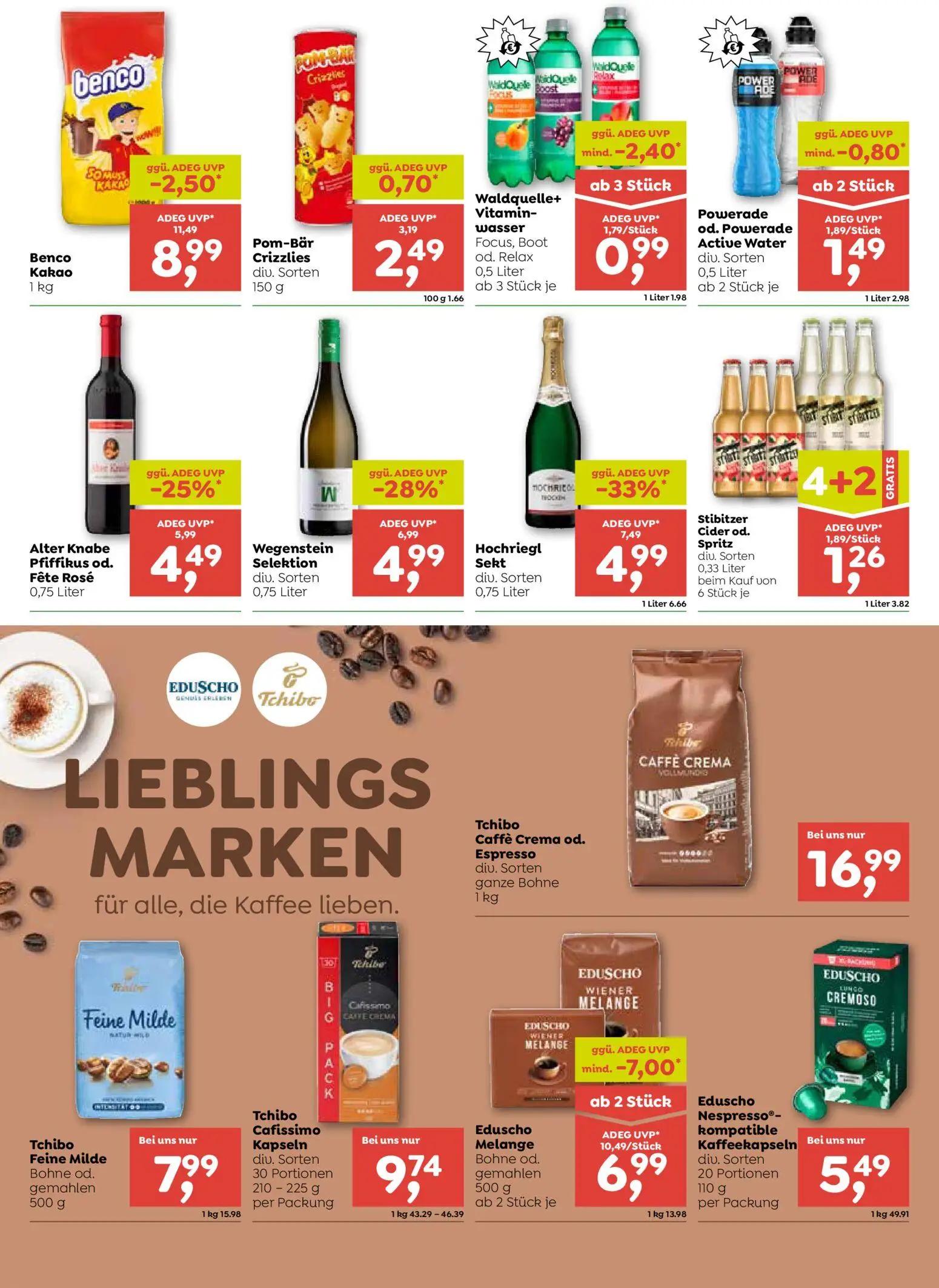 ADEG Prospekt, Seite 6 von 8 — Eduscho Melange Bohne od. gemahlen, Benco Kakao, Hochriegl Sekt div. Sorten