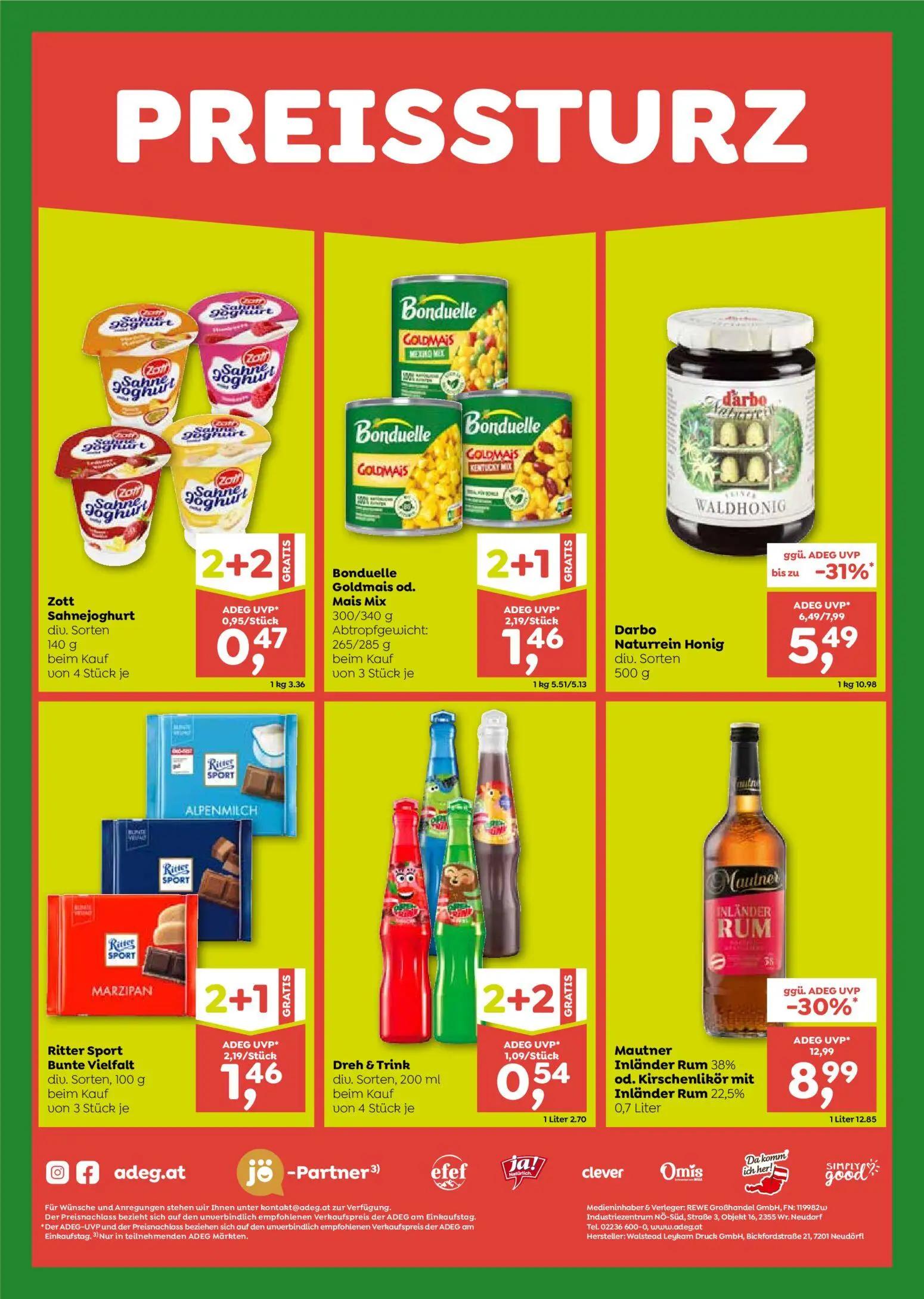 ADEG Prospekt, Seite 8 von 8 — Mautner Inländer Rum 38% od. Kirschenlikör mit Inländer Rum 22,5%, Darbo Naturrein Honig div.…