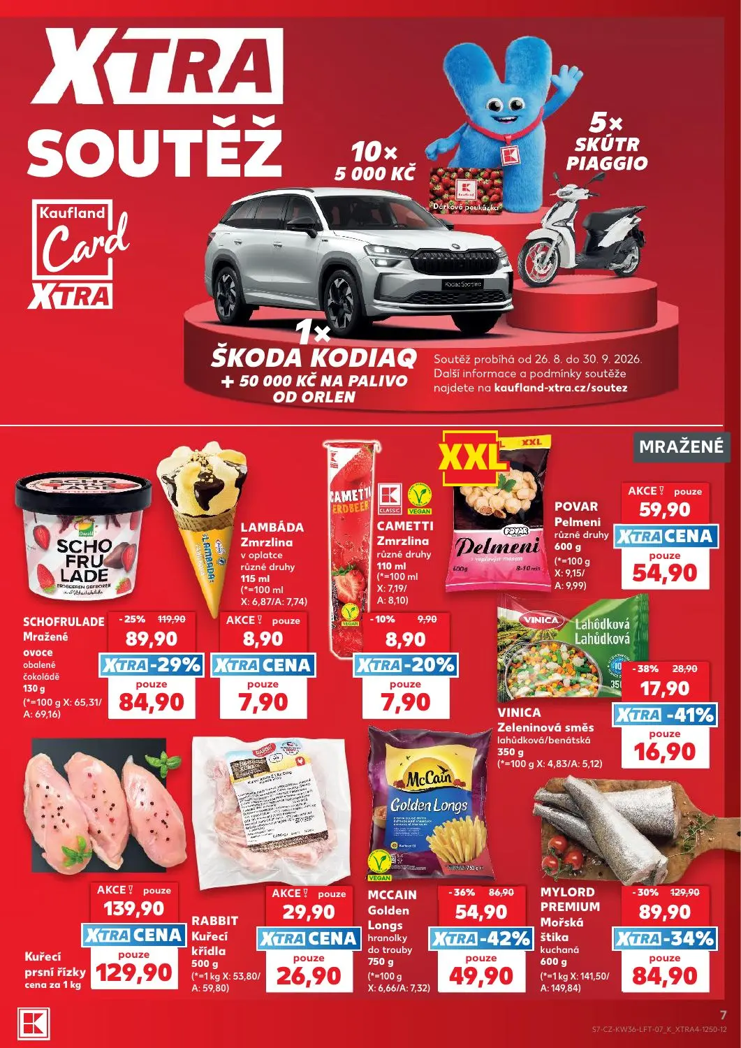 Kaufland leták, strana 7 z 54 — SCHOFRULADE Mražené ovoce obalené čokoládě, CAMETTI Zmrzlina různé druhy, LAMBÁDA Zmrzlina v…