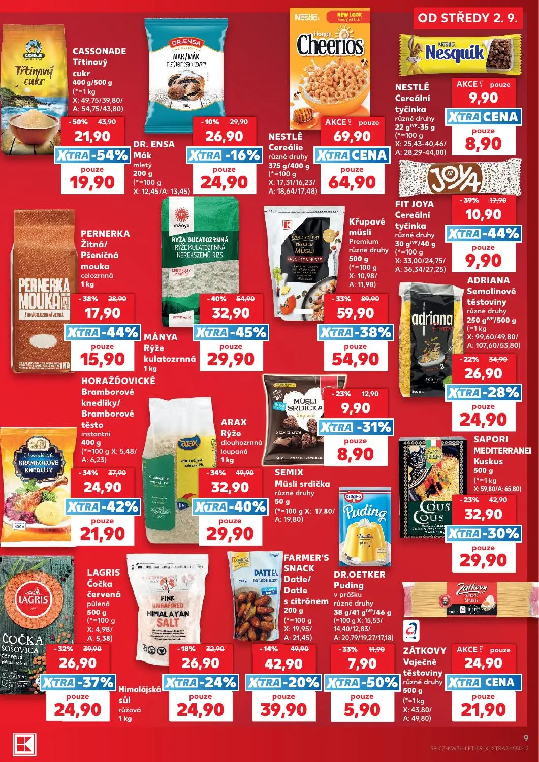 Kaufland leták, strana 9 z 54 — Křupavé müsli Premium různé druhy, ADRIANA Semolinové těstoviny různé druhy, NESTLÉ Cereálie…