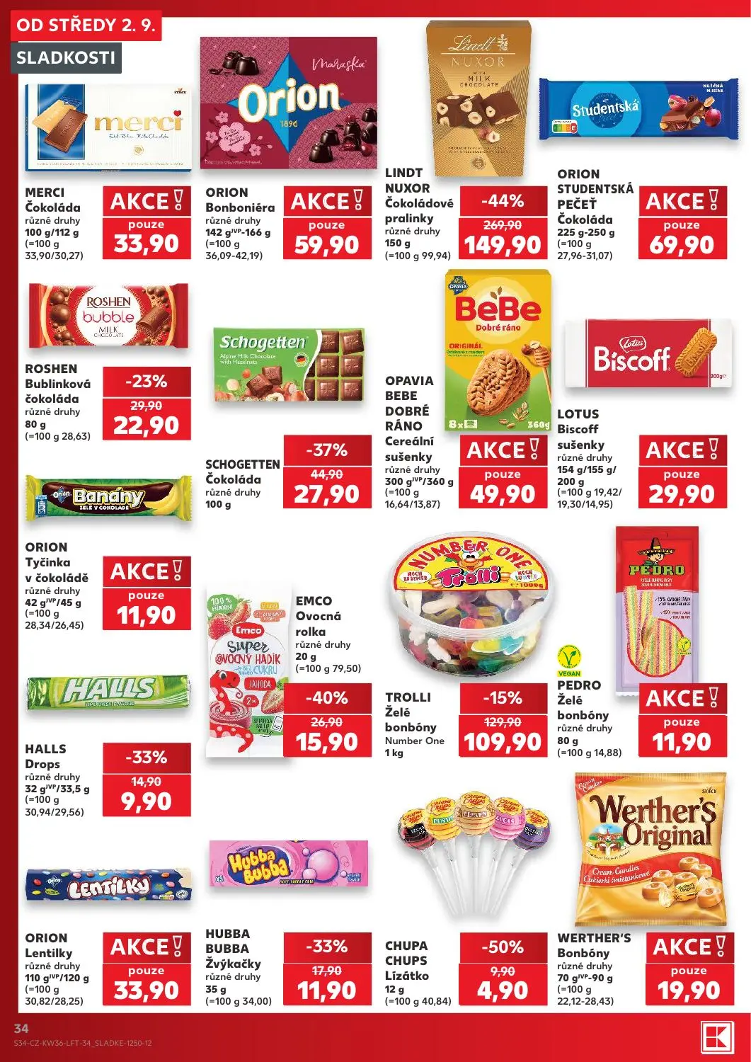 Kaufland leták, strana 34 z 54 — LINDT NUXOR Čokoládové pralinky, OPAVIA BEBE DOBRÉ RÁNO Cereální sušenky