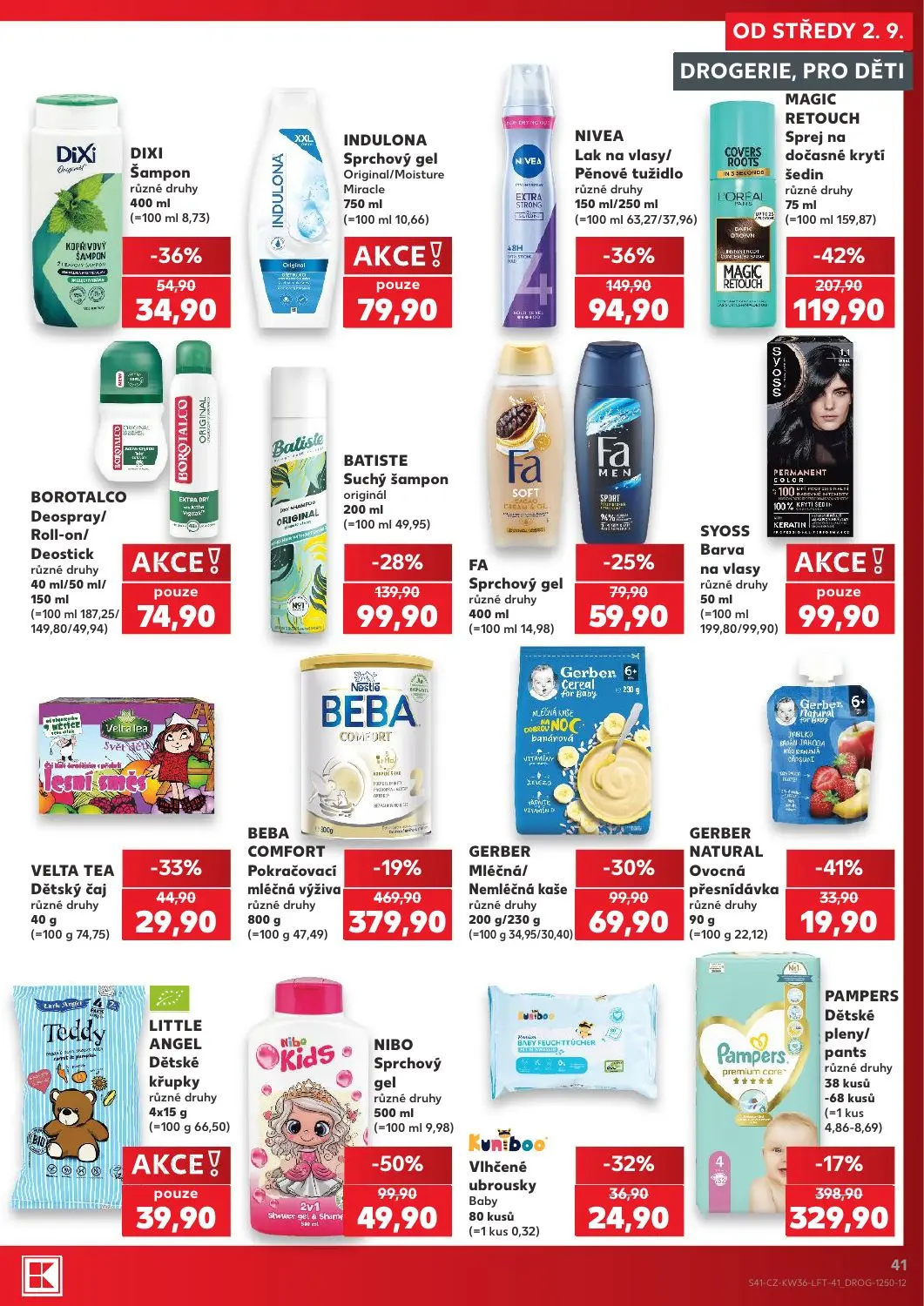Kaufland leták, strana 41 z 54 — INDULONA Sprchový gel Original/Moisture Miracle, BOROTALCO Deospray/Roll-on/Deostick různé …