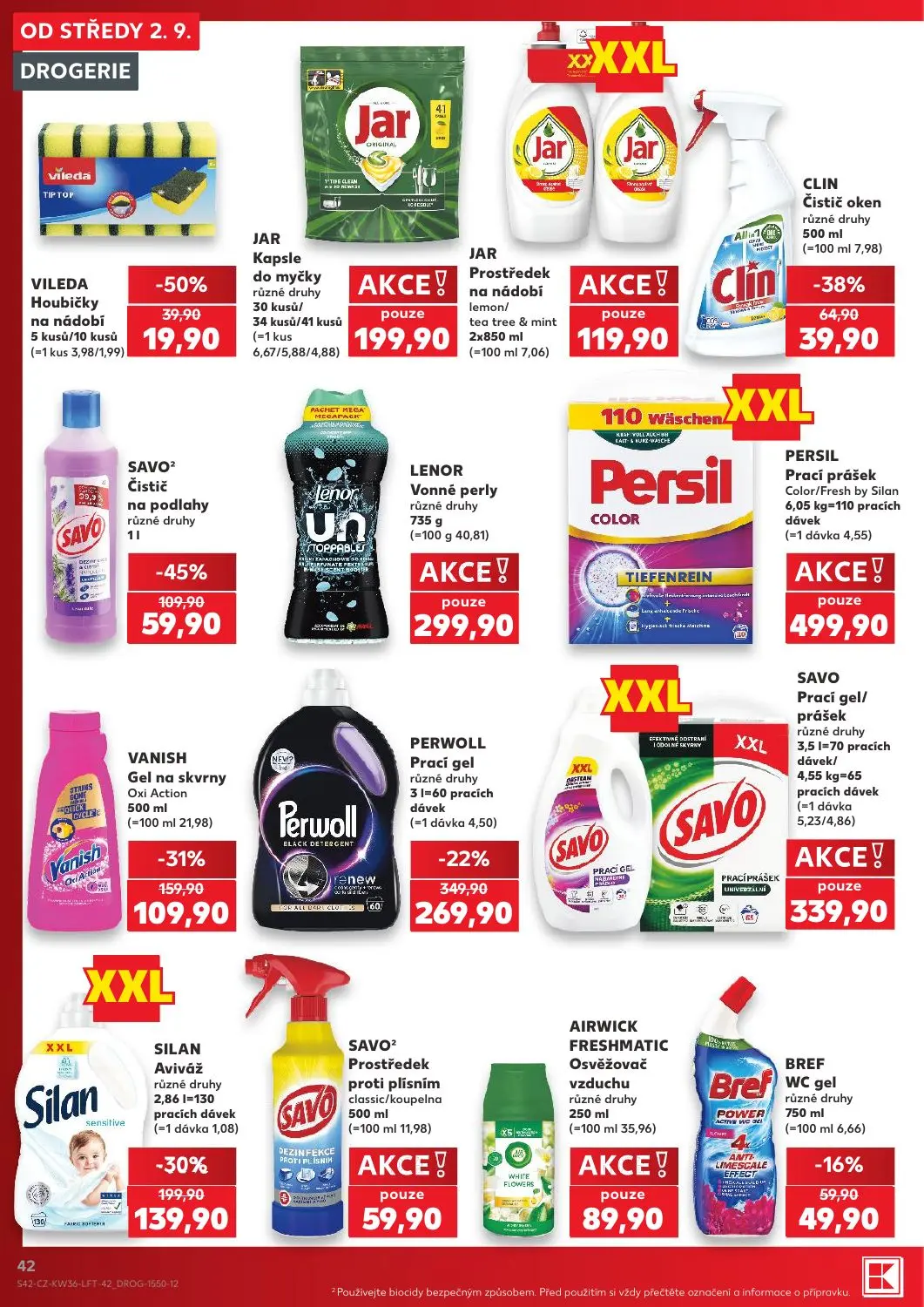 Kaufland leták, strana 42 z 54 — SILAN Aviváž, CLIN Čistič oken, JAR Kapsle do myčky