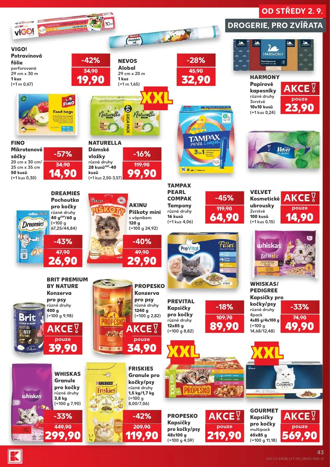 Kaufland leták, strana 43 z 54 — WHISKAS Granule pro kočky, WHISKAS/PEDIGREE Kapsičky pro kočky/psy, HARMONY Papírové kapesn…